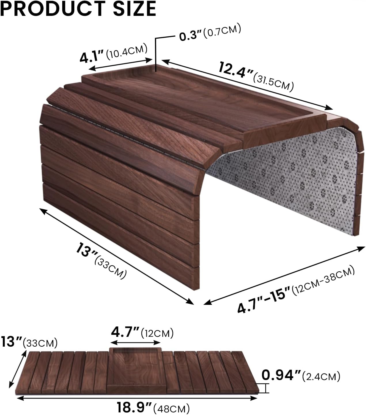 Sofa Arm Tray,Walnut Wood Folding Couch Arm Trays,Sofa Armrest Tray with Anti-Slip Pad for Drinks,Snacks,Phone,Remote Control