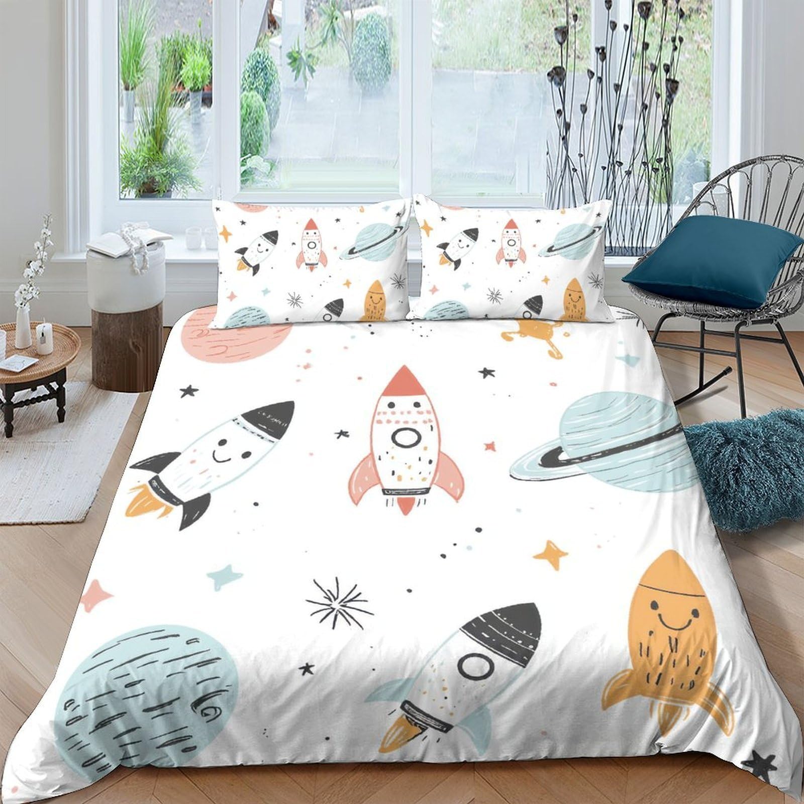 Ctjqhvkz Style-5 3D Printed Rocket Space Adventure Fitted Sheet Microfiber Soft Decorative Planet Mattress Cover For Bedroom Dorm Single（135X200cm）
