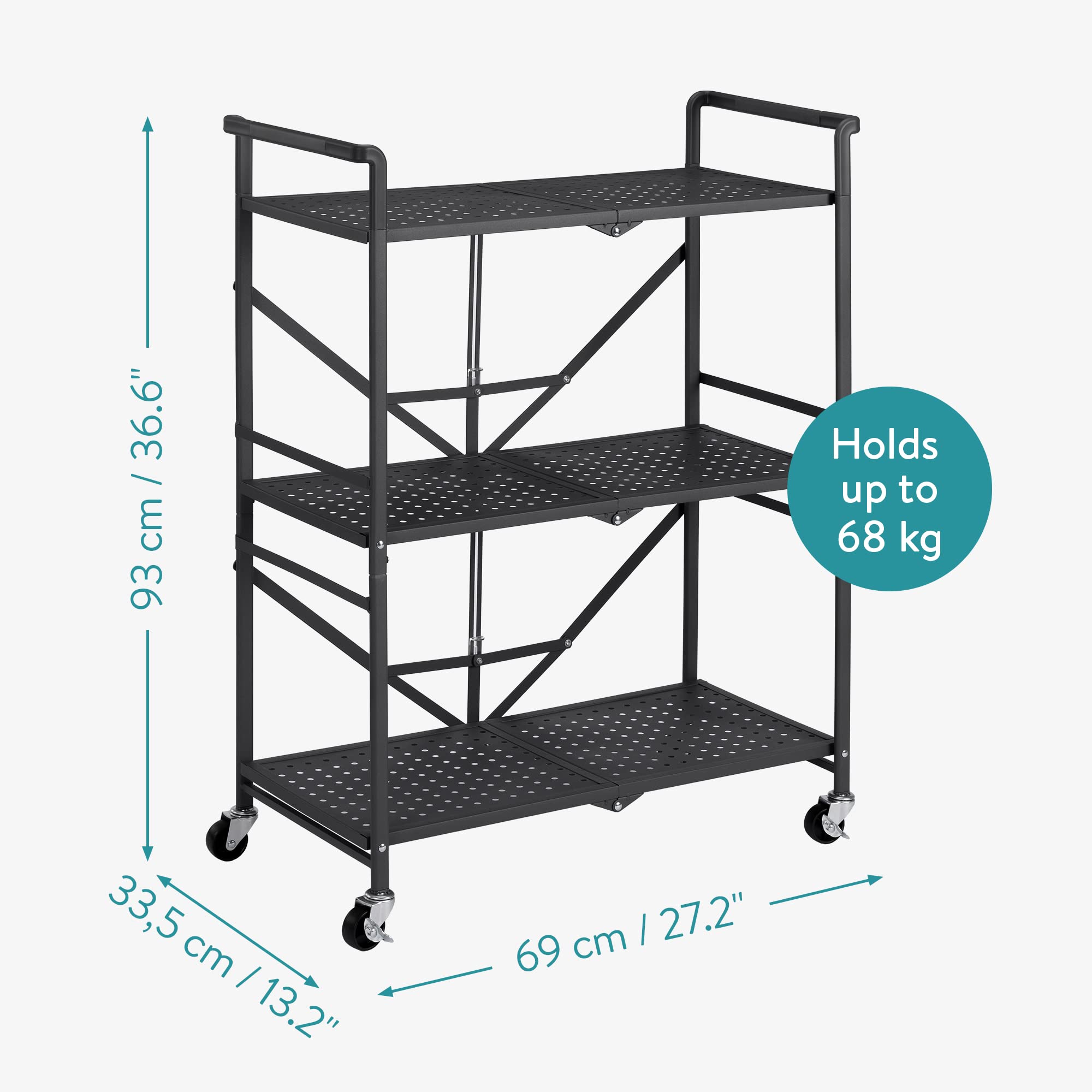 Navaris Carro de Almacenaje Plegable – Carrito con Ruedas Auxiliar Multiusos de Almacenamiento de 3 Niveles – para Cocina, Oficina o Dormitorio