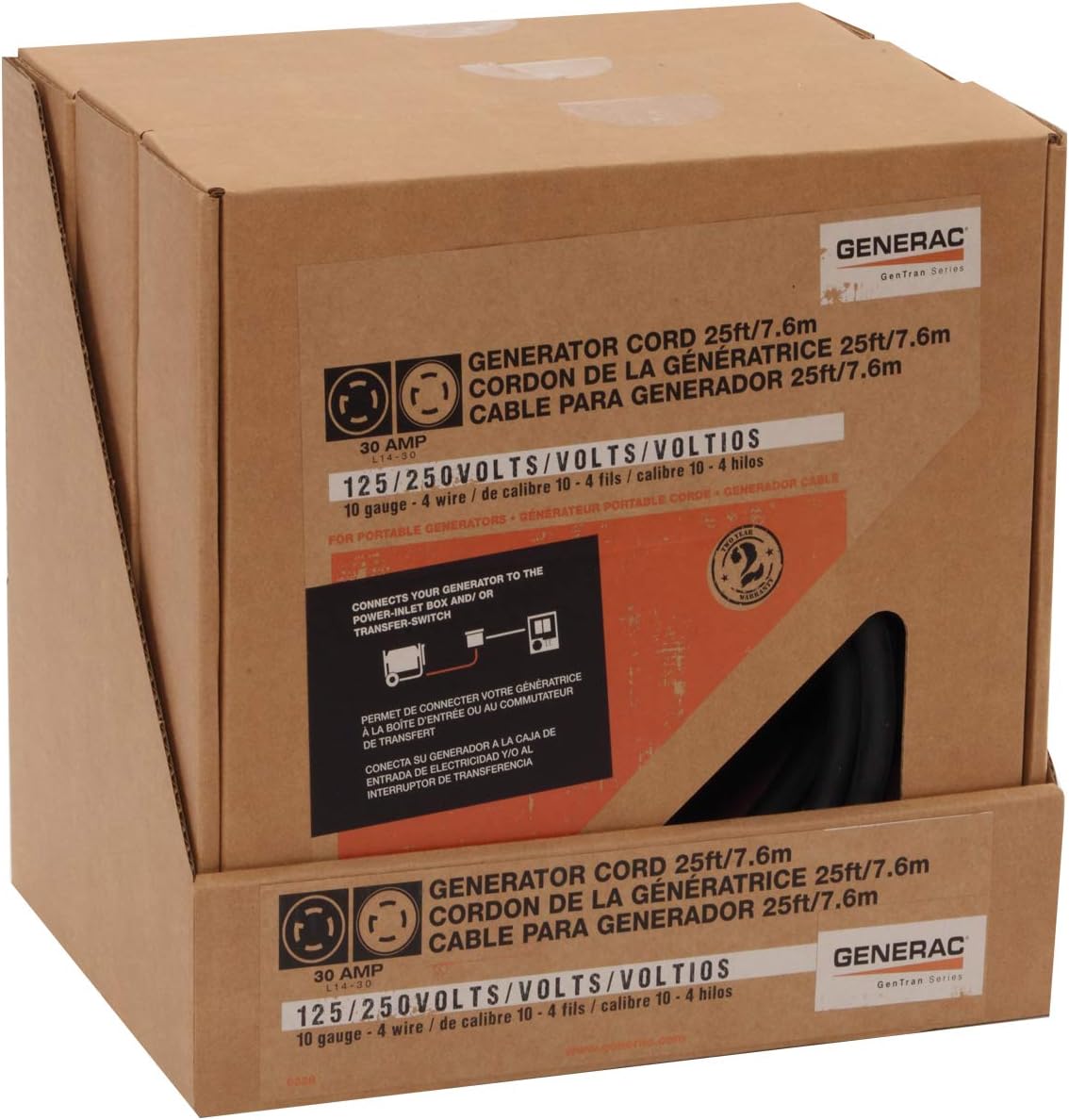 Generac 6328 25-Foot 30-Amp Generator Cord with NEMA L14-30 Ends for Maximum 7,500 Watt Generators - Reliable Power Connection for Your Generator