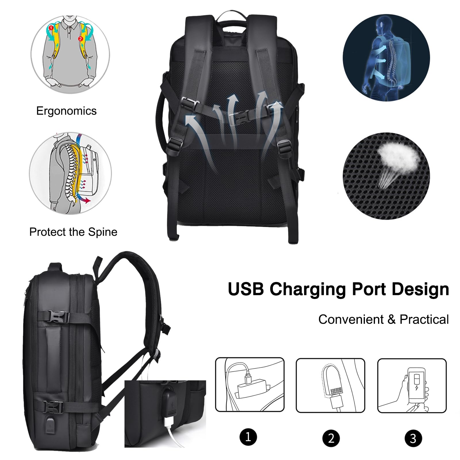 FANDARE Mochila Viaje Expandible 19-33L Equipaje de mano Cuero impermeable PU Bolsa de Viaje Hombre Laptop Bolso de mano con USB Bolsa de Mano Mochila Viaje Cabina Avion Bolsos para Negocio Trabajo