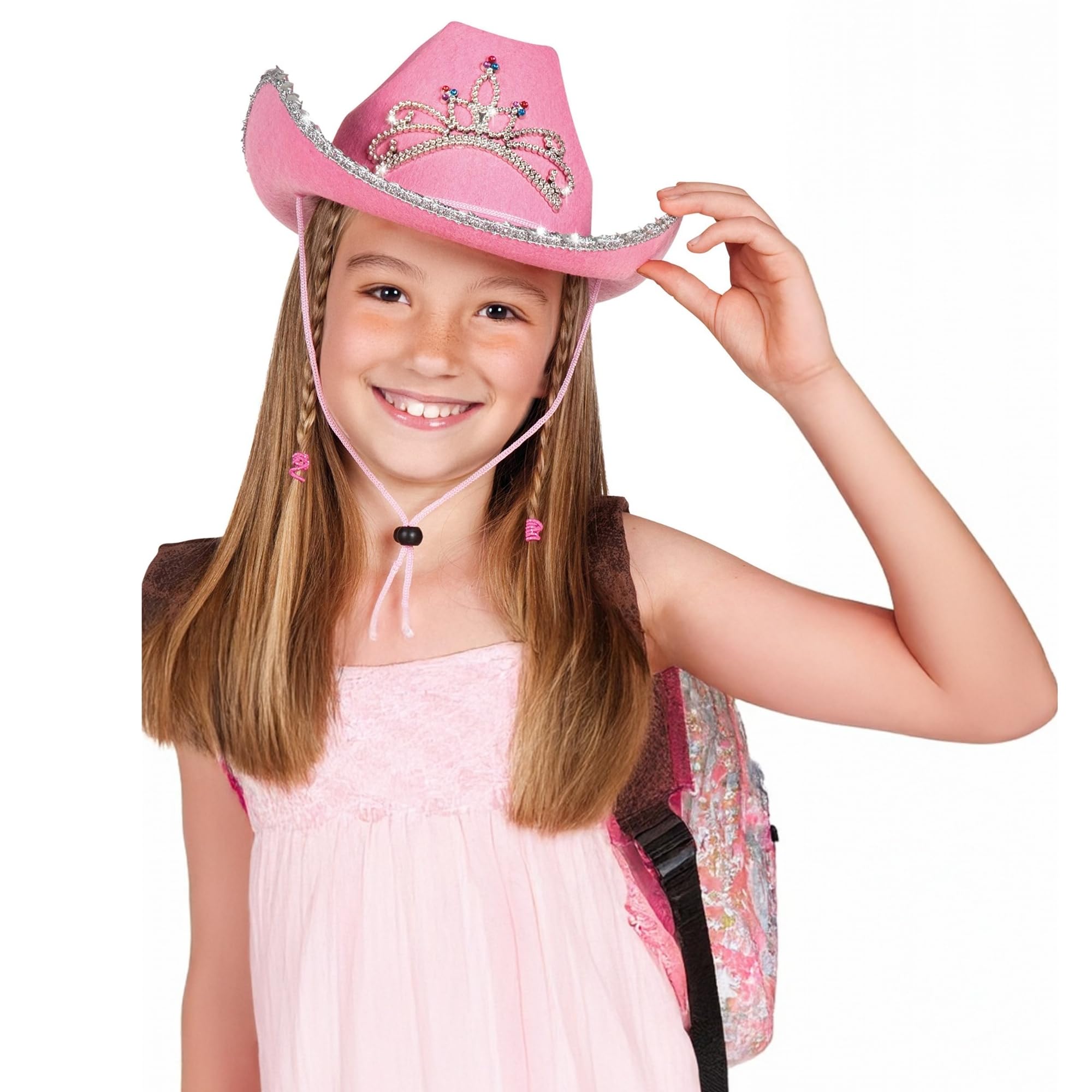 FUN FABLES Childs Pink Glimmer Cowgirl Hat with Sequin Trim & Tiara – Girls Glimmer Western Dress-Up Accessory for Parties, Festivals, Halloween – Sparkly Pink Costume Hat for Kids (1)
