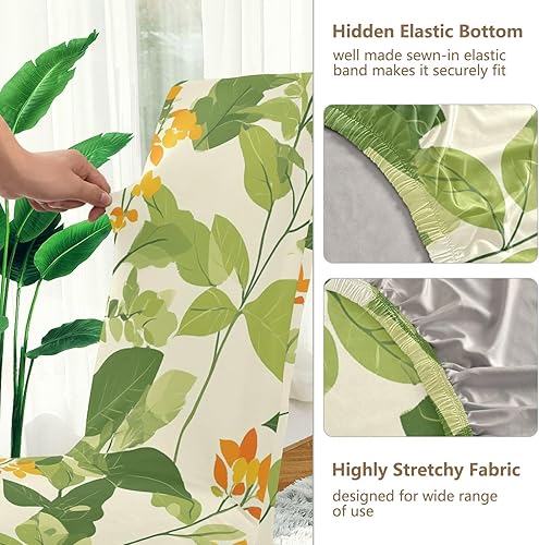 Miniatura 3 de Juego de 4 fundas decorativas para sillas de comedor con hojas verdes y flores amarillas para sala de estar para ceremonia, extraíbles para eventos,