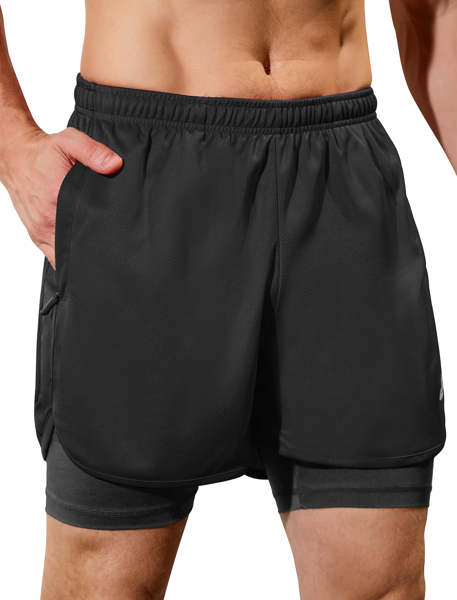SILKWORLD Mens Running Stretch Shorts 2 in 1 Gym Workout Shorts Quick Dry Stretch Athletic Shorts with Pockets