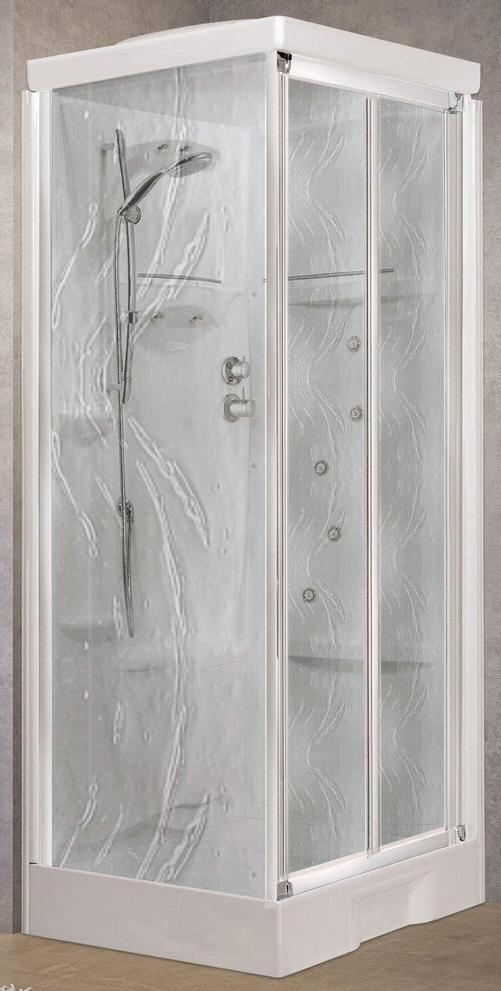 Novellini New Holiday SF hidromasaje con techo y alcachofa 100 x 80 cm cabina de ducha multifunción apertura fuelle reversible mezclador mecánico cristal Aqua perfil blanco altura 217,5 cm