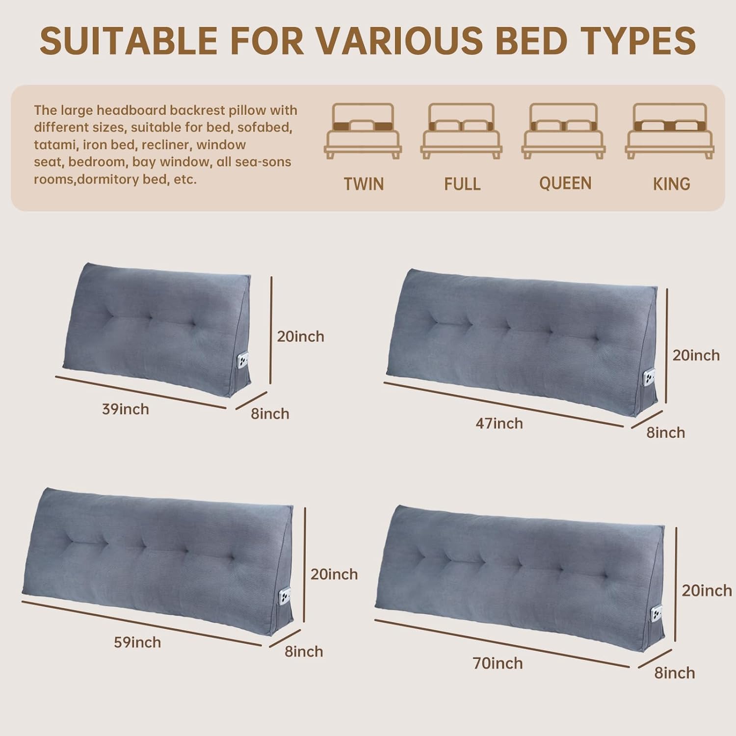 headboard pillow twin bed wedge pillow for dorm, daybed, back support, sitting up, reading, relaxing, dark grey dark grey 39x8x20in