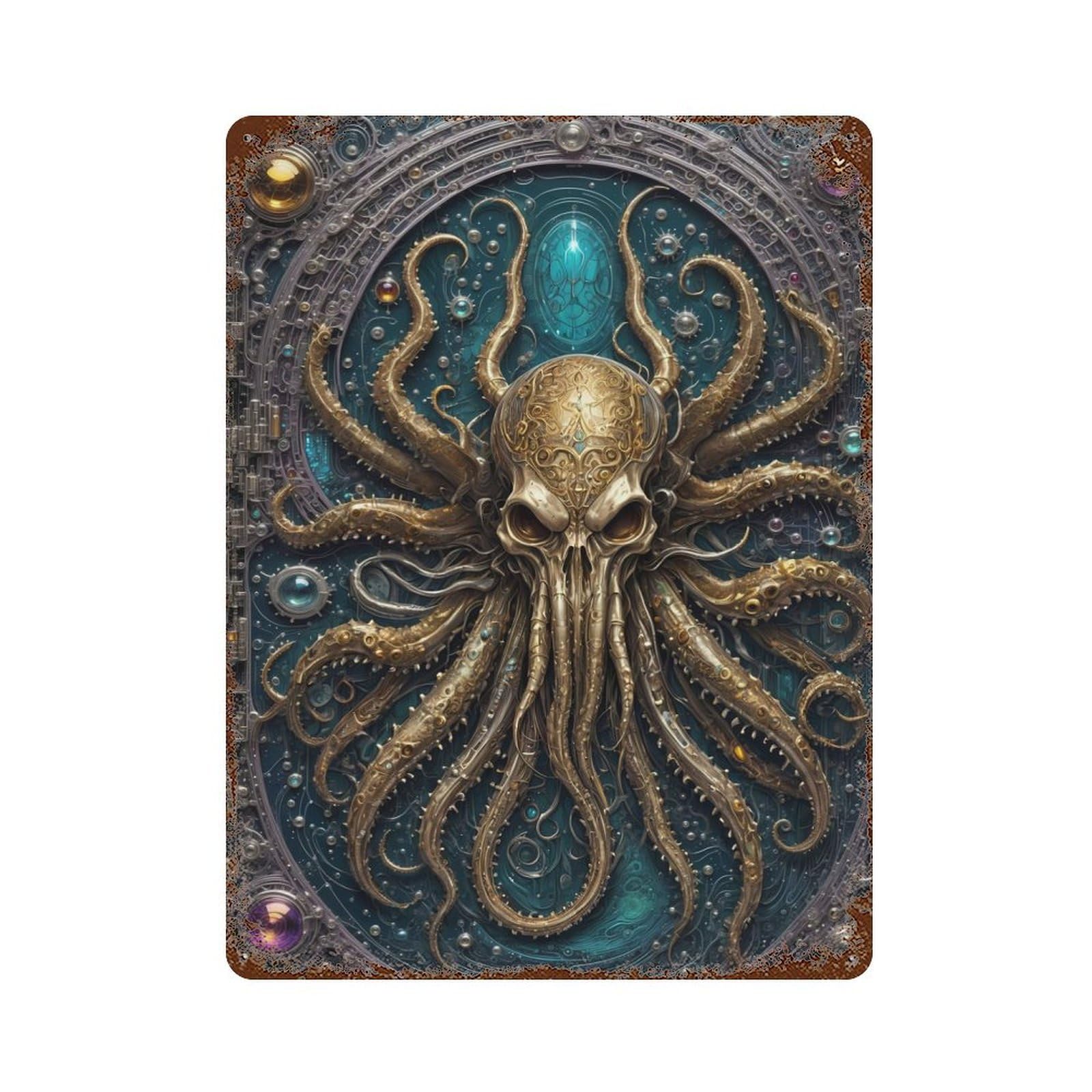 Rustic Tin Plaque with Steampunk Golden Kraken Design 15.7"x11.8", for Pub, Kitchen And Man Cave Decor, Old School Wall Decor