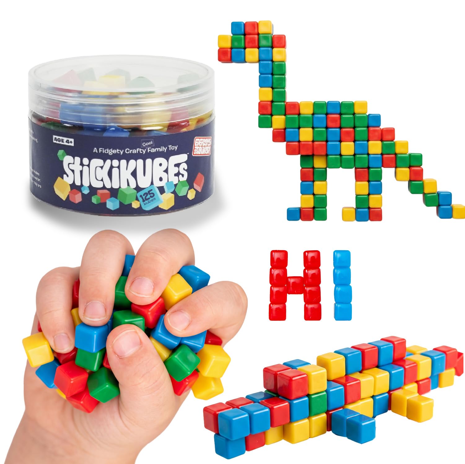 komarc games stickikubes mini stacking cubes that stick to anything, non toxic kid safe sticky blocks, creative construction toy - 125 cubes, 4 colors, tub