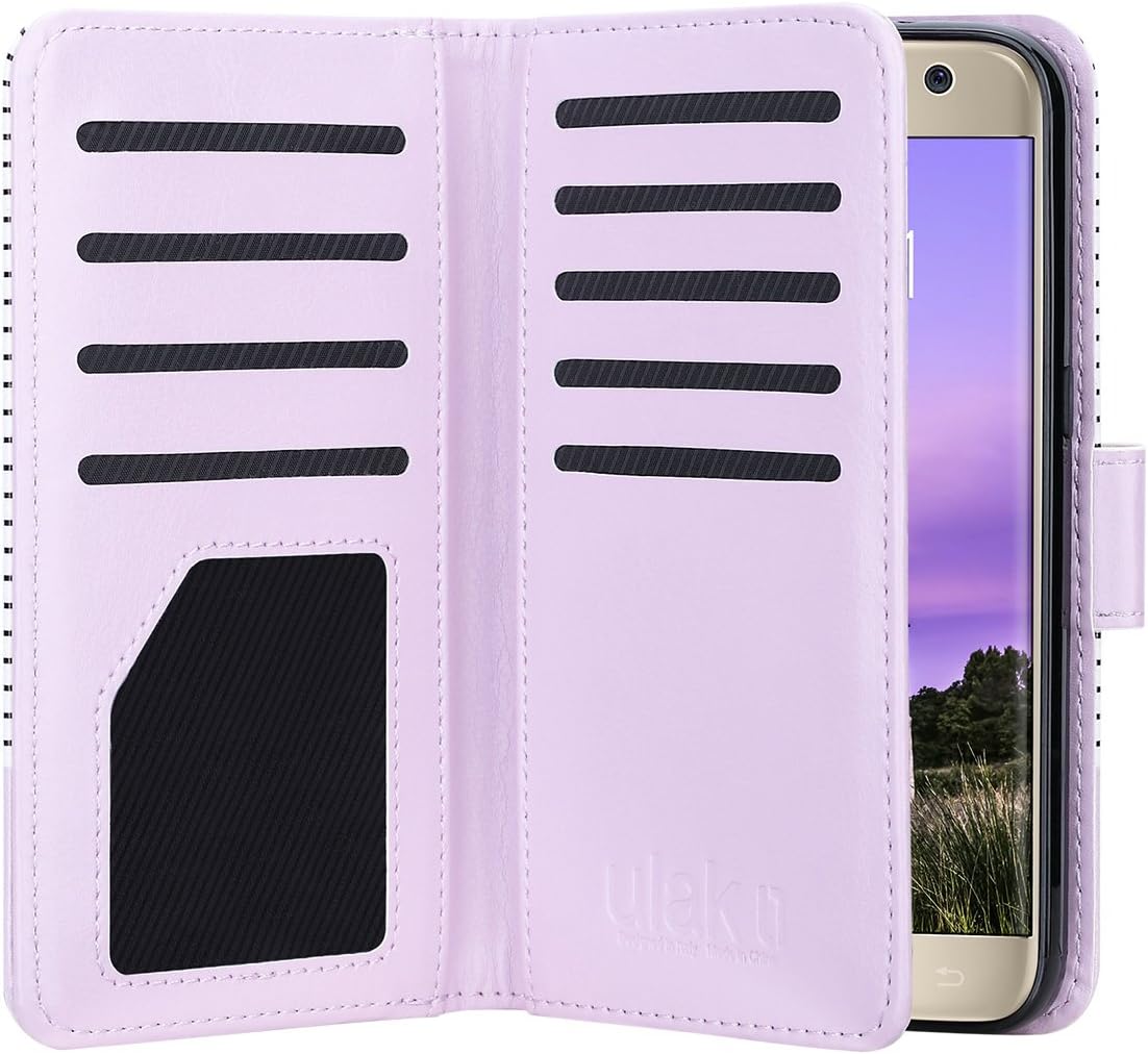 ULAK Galaxy S7 Wallet Case, Magnetic Premium PU Leather Flip Stand Folio Cover with Built-in 9 Slots and Wrist Strap for Samsung Galaxy S7 (5.1 inch) (Minimal Stripes Lavender) Will not Fit S7 Edge