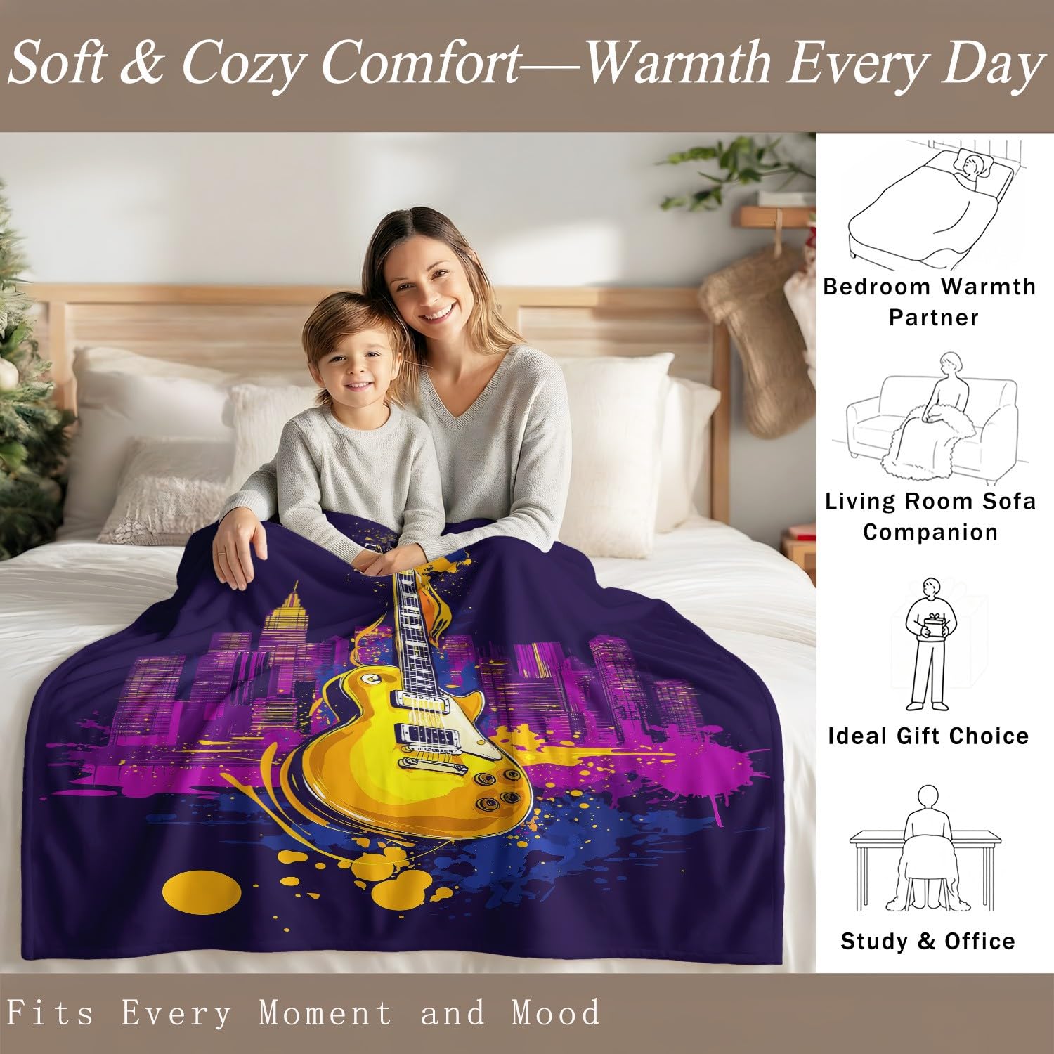 Coperta in flanella con musica rock, Urban Dynamic chitarra elettrica, morbida, per letto, divano, divano, coperta soffice in microfibra, per bambini e adulti, 200 x 200 cm, blu
