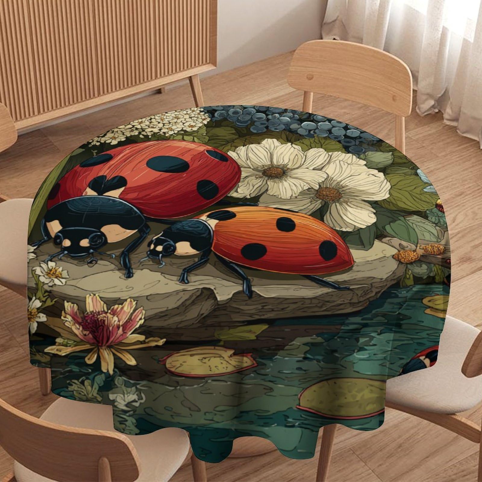LUYYSKY Beautiful Rustic Cute Ladybug Waterproof Round Tablecloth Modern Abstract Spring Garden Botanical Daisies Flowers Washable Table Cover for Kitchen-127 Wx127 L cm