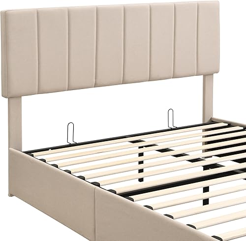 Miniatura 115 de Base de cama LED tapizada tamaño Queen, plataforma flotante de terciopelo con cabecero, MDF moderna y cama de madera contrachapada (beige-081)
