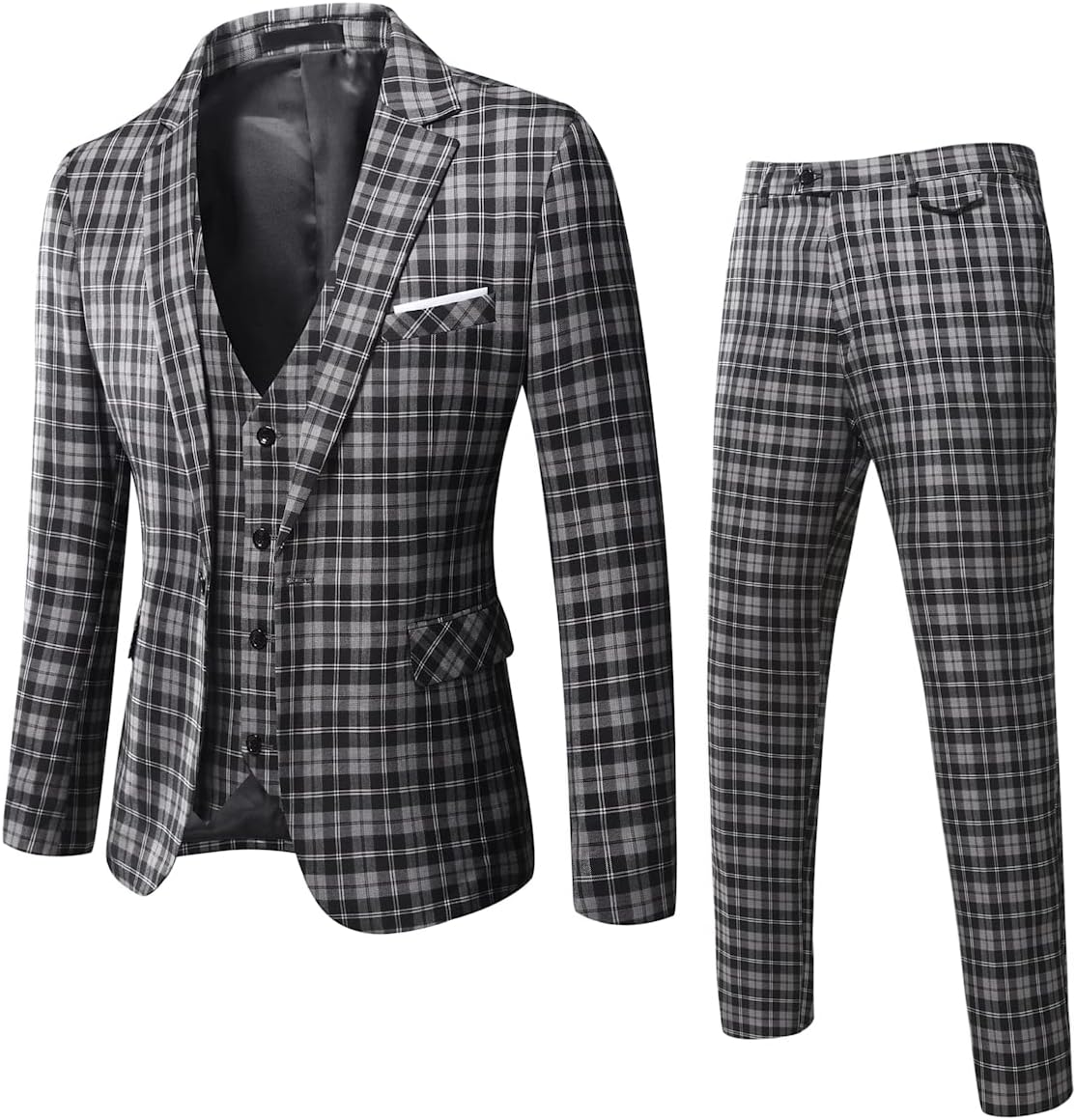 WULFULMen’s Slim Fit Suit One Button 3-Piece Blazer Dress Business Wedding Party Jacket Vest & Pant