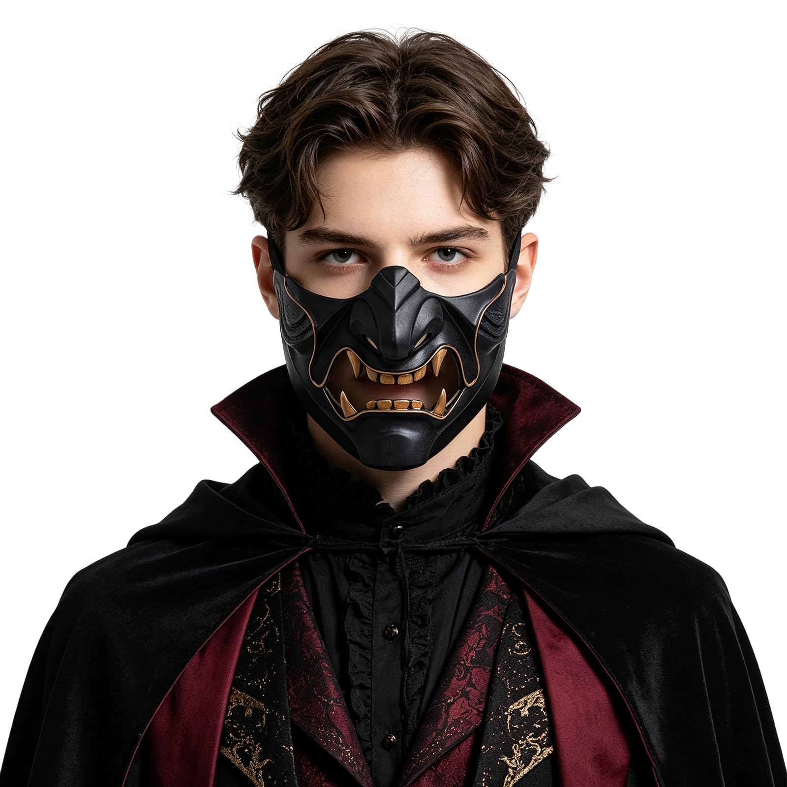 RUIXIA Japanese Half Face Latex Oni Mask Black Gold Hannya Samurai Mask Halloween Cosplay Costume Fancy Dress Party Prop