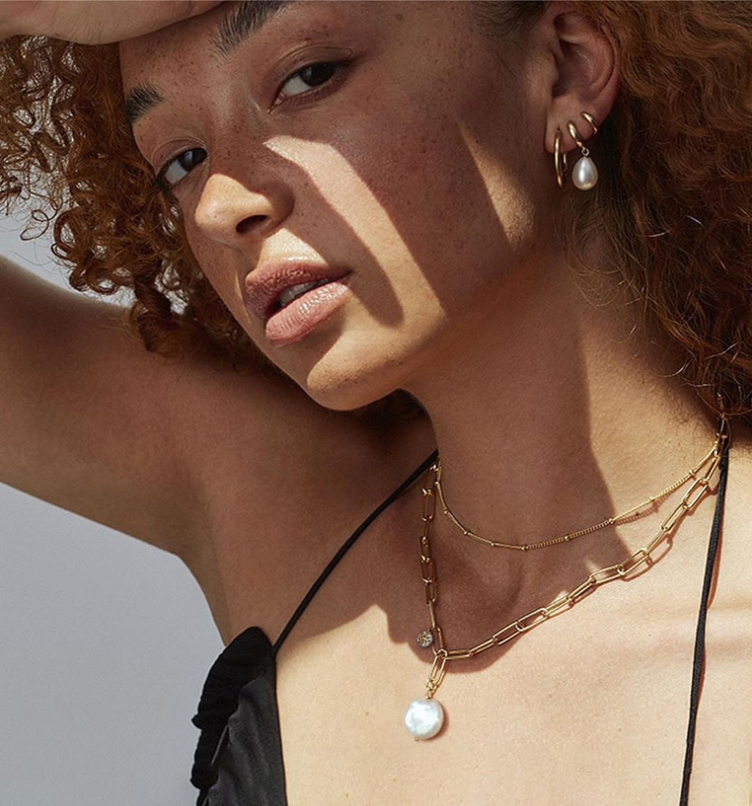 18k Gold Plated Chain Link Necklace for Women, Baroque Pearl/Compass Pendant Necklace - Image 2