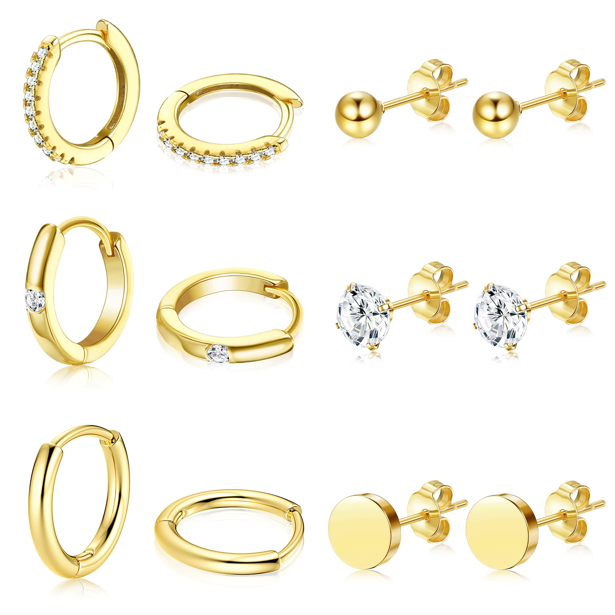 Dochais 6 Pares de Pendientes de Oro, 14K Oro Aros Pequeños, Cz Pequeña Bola Stud Pendientes Cartílago Huggie Pendientes de Plata, Hipoalergénico Stud Pendientes Para Mujeres Hombres