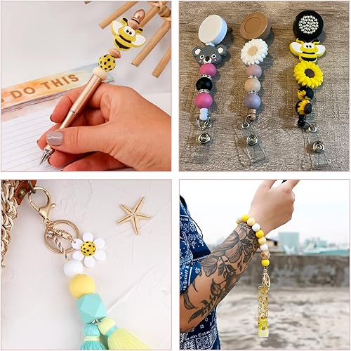 Miniatura 6 de Beadthoven - 100 cuentas de silicona de abeja de 0.59 pulgadas (0.591 in), bolas redondas amarillas de silicona, llavero de cuentas para pulseras y