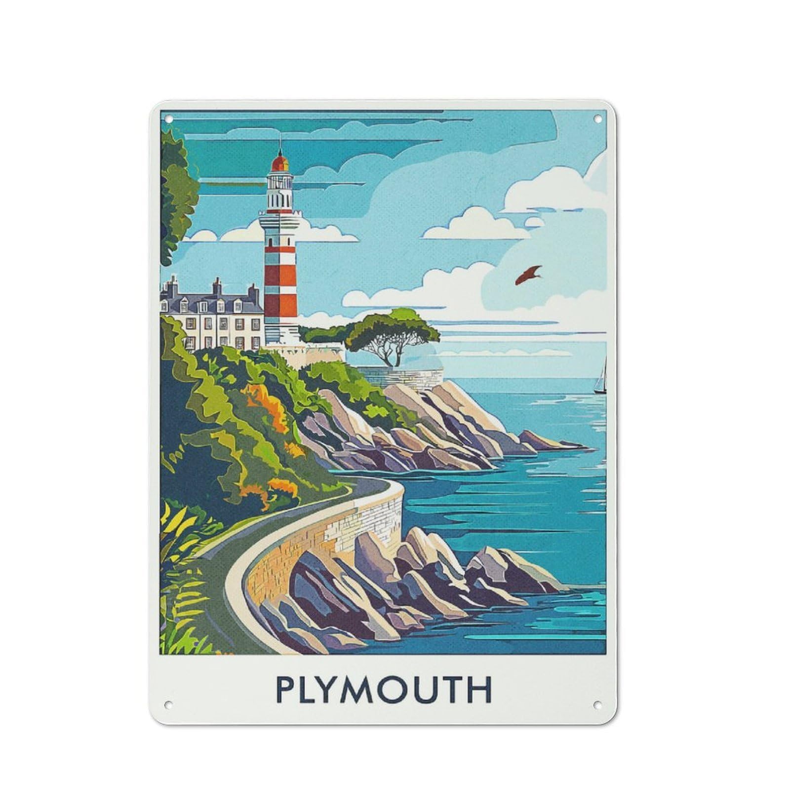 Junmoney Style-5 Plymouth Lighthouse Rustic Tin Sign 40X30cm For Lounge Or Reading Corner, For Metal Sign Collectors, For Cafés, Pubs And Restaurants