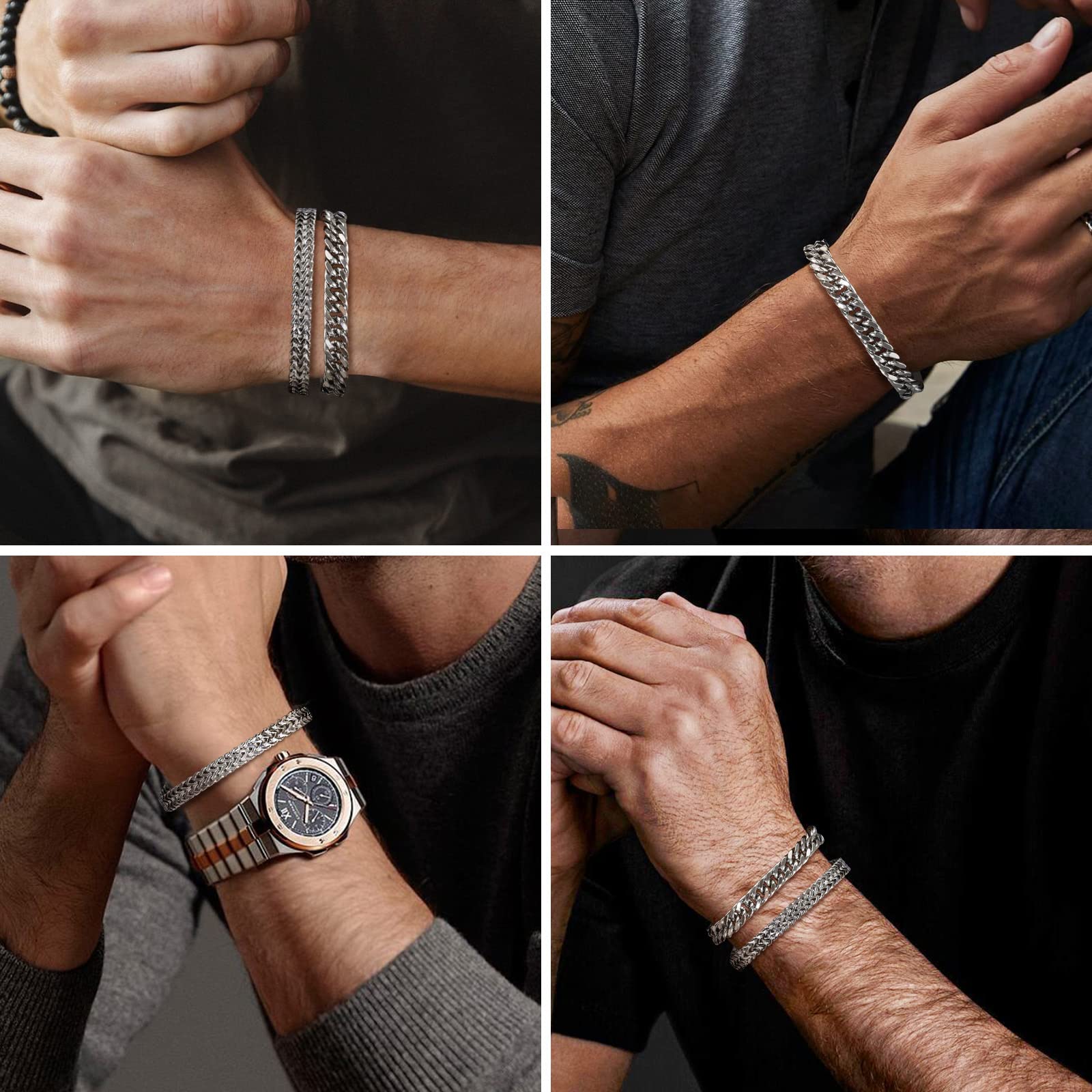Herren Armband Edelstahl Armbänder Panzerkette - 2 Stücke Silber Schwarz Gold Herrenarmbänder für Männer Jungs Kubanische Armband 8mm Breite 19cm/21cm/23cm Länge Geschenke für Ehemann Papa Sohn Bruder