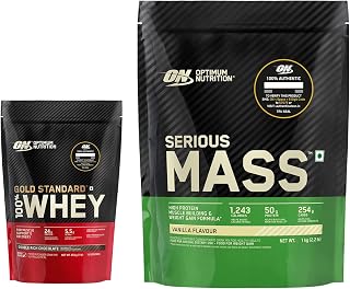 OPTIMUM NUTRITION (ON) Gold Standard 100% Whey Protein Powder 1 Lbs, 454 G (Double Rich Chocolate) & Serious Mass Gainer (Veg), High Protein High Calorie Weight Gainer - 1 Kilogram (Vanilla), 1 Scoop