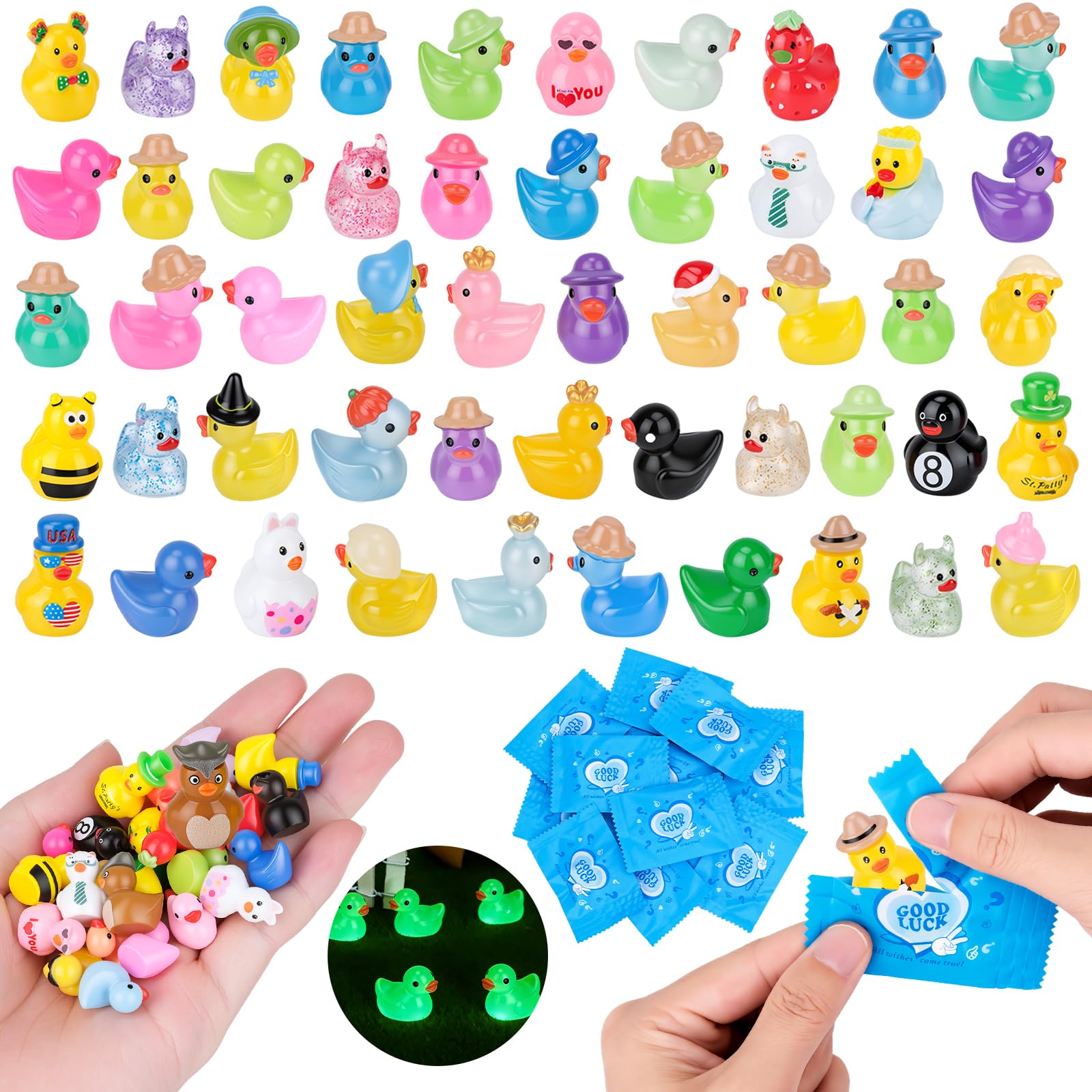 Hysagtek 100Pcs Mini Duck Blind Bags, Glow in The Dark Tiny Decorative Ducks, Mixed Design Whimsical Duck Figurines, Aesthetic Collectible Trinkets for Craft, Fairy Garden, Desk