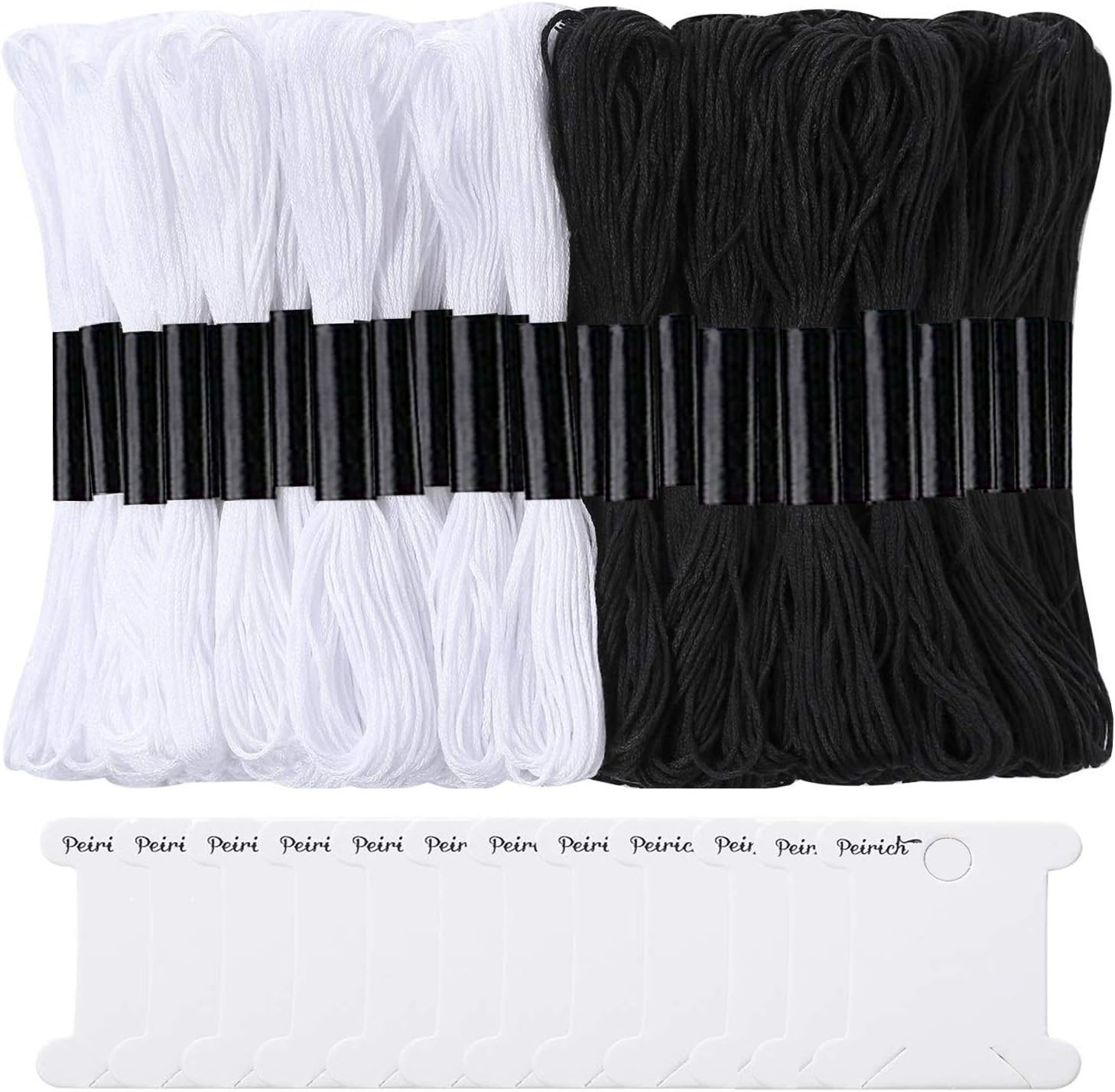 Peirich 24 Black White Embroidery FOSS Friendship Bracelets Floss for Knitting, Embroidery Stitching and Cross Stitch Project with 12 Pieces Floss Bobbins