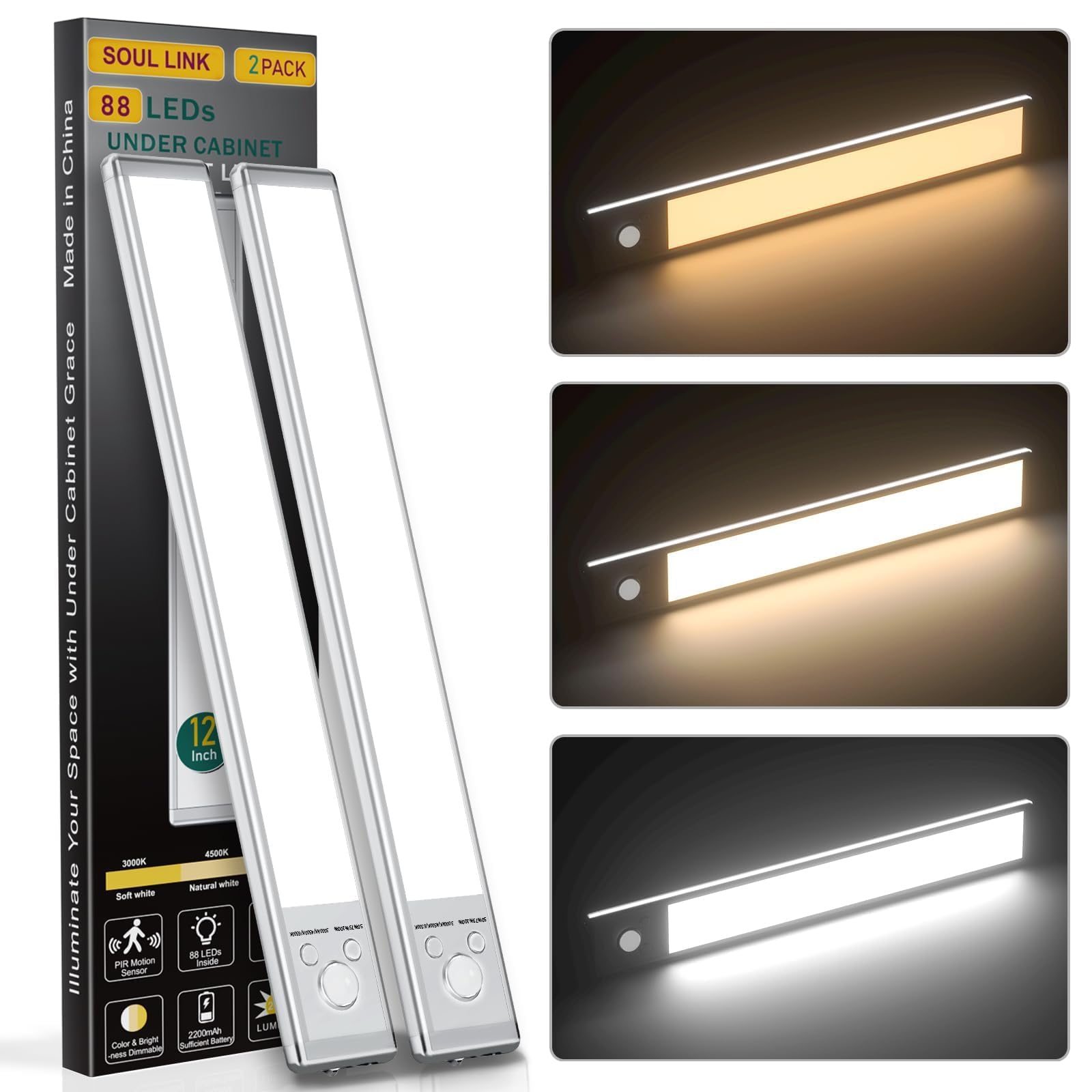 Photo 1 of 12" Under Cabinet Lights,88 LED Operated Motion Sensor Light Indoor,2200mAh USB Rechargeable Closet Lights, 2 Pack Magnetic Dimmable Closet Lights?Wireless Under Counter Lights for Kitchen, Stairs