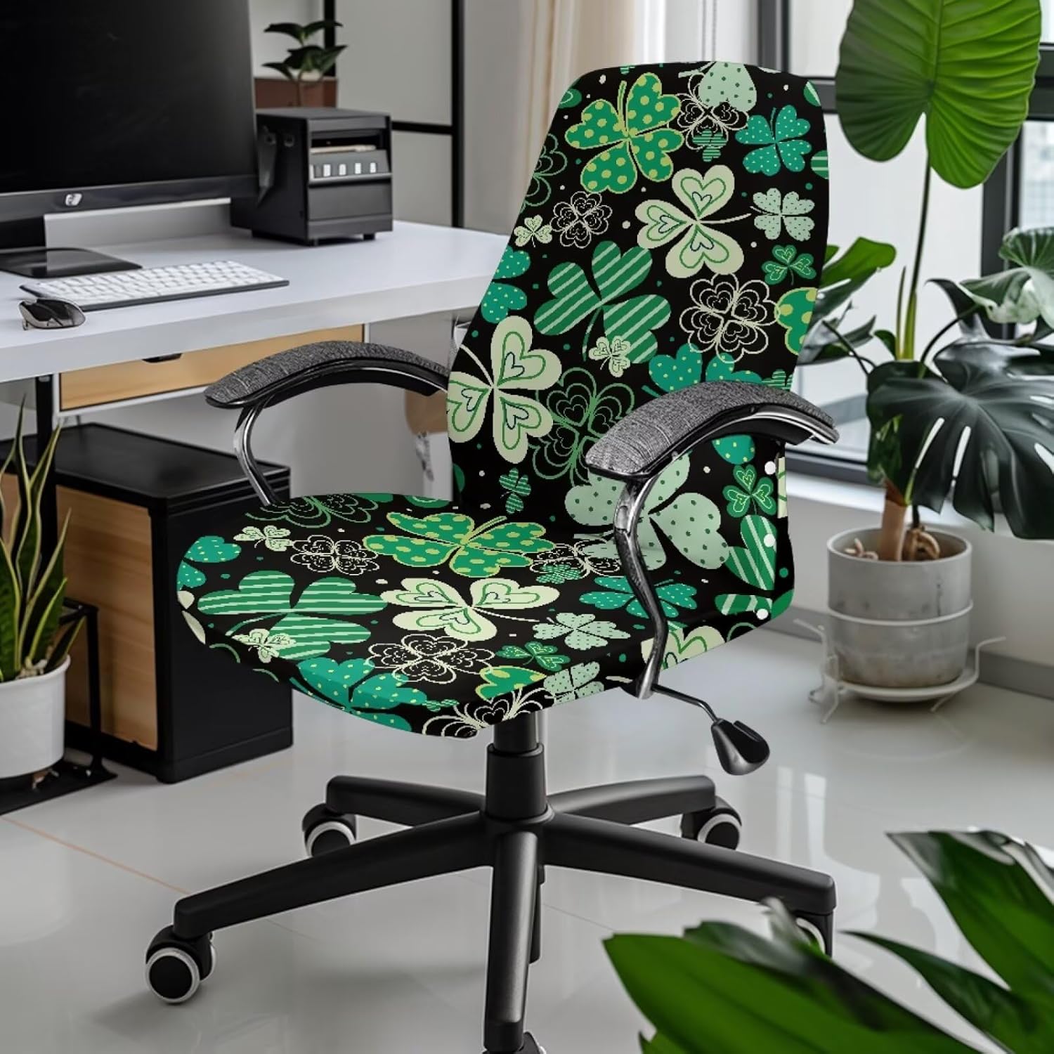 Computer Office Chair Cover St. Patrick's Day Chair Cover Slipcover Machine Washable Slipcover for Bedroom Game Room Office Decor, S, Shamrock Clover Leaf Black Green