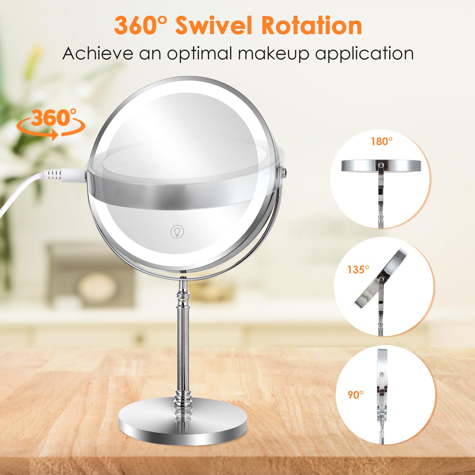 Espejo de maquillaje de aumento de 8 pulgadas con luz, espejo de maquillaje de rotación de 1X/10x 360 con iluminación, recargable de 3 luces de color, espejo de tocador de pie libre, espejo