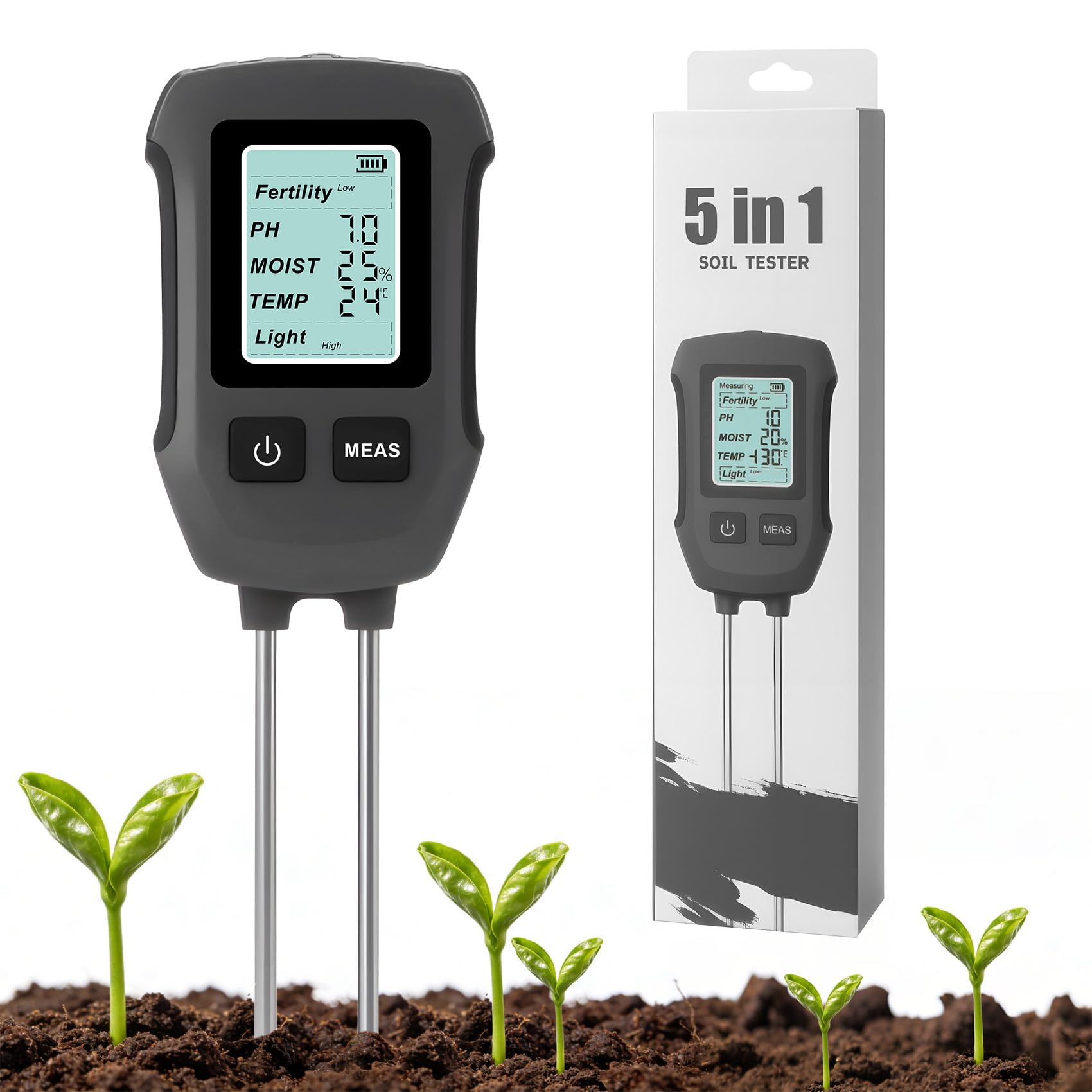 5-in-1 Soil Moisture Meter, Digital Plant Soil Moisture Meter with PH/Moisture/Temperature/Fertility/Light for Garden ,Farming and Outdoor Plants, Dual-Probe Soil Tester with Backlit LCD Display