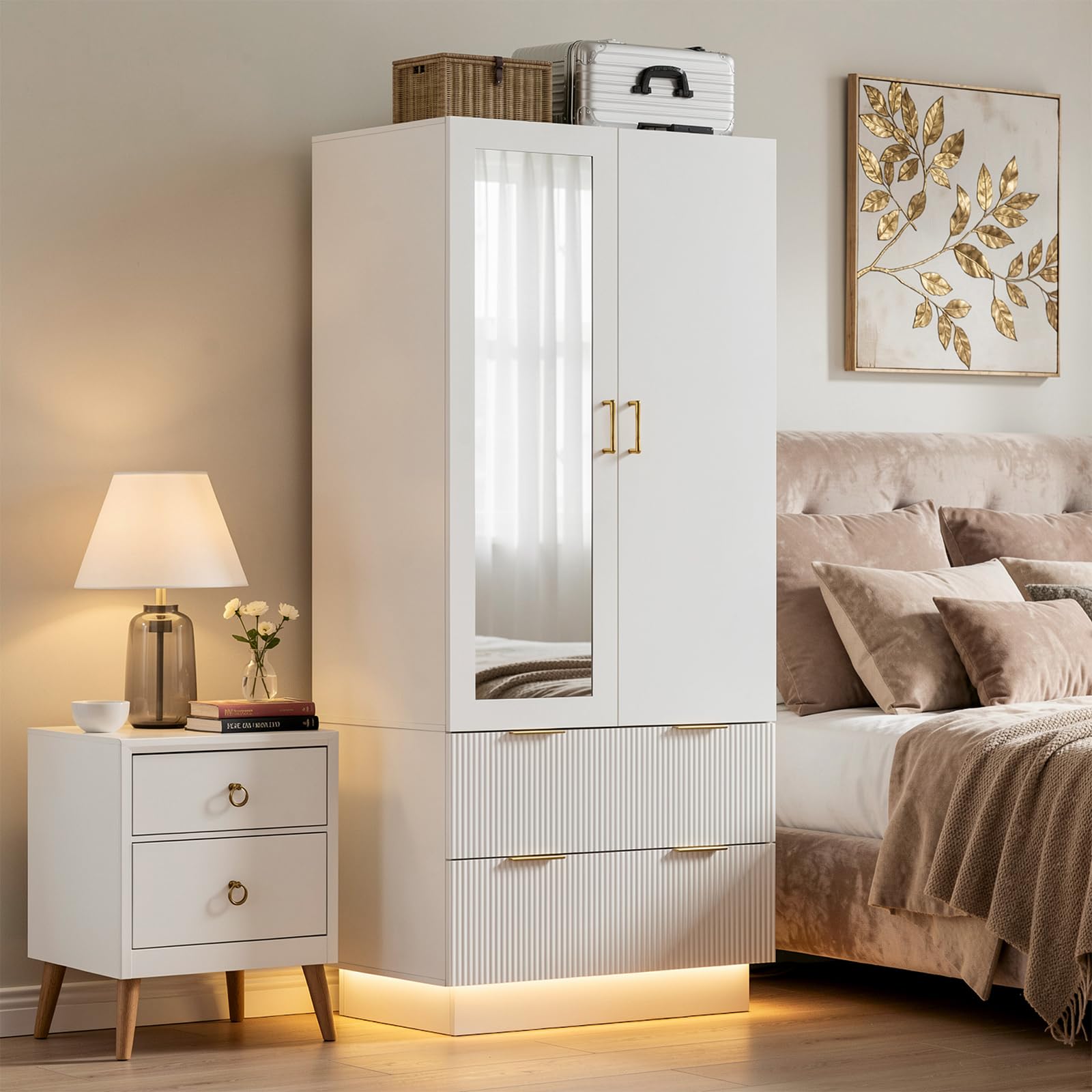 MSFE Armadio Camera da Letto, Armadio Guardaroba 2 Ante con Specchio,LED e 2 Cassetti, Armadio Contenitore, Salvaspazio, per Cameretta, Camera dei bambini, da ingresso|80x178x50cm (L/H/P)