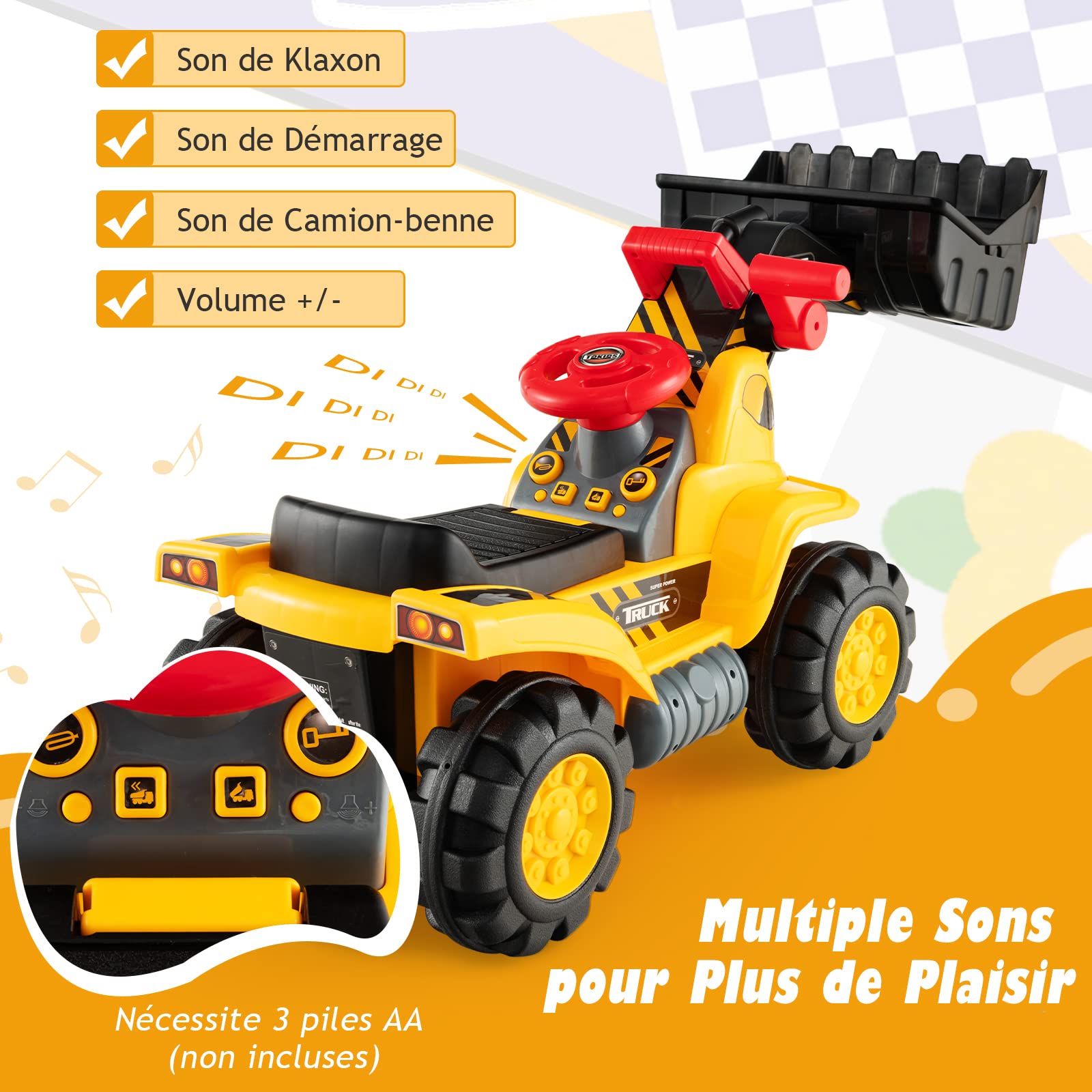 DREAMADE Excavatric Jouet Bulldozer pour Enfants, Véhicule Jouet avec Volant et Espace de Rangement, pour Enfants 3 + Ans