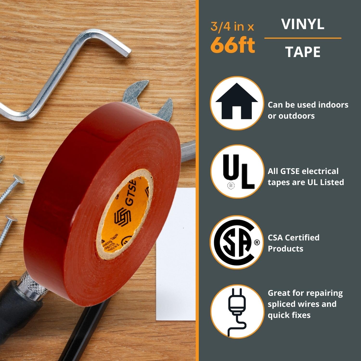 GTSE Brown Electrical Tape, 10 Rolls – Waterproof, Industrial Grade Vinyl, 3/4 in x 66ft– Strong Self-Adhesive PVC Electric Tape for Wire Insulation, 7 Mil, 600V – UL/CSA Listed