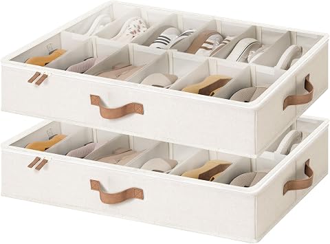 StorageWorks Under Bed Shoe Storage Organiser, Underbed Shoes Container with Adjustable Dividers Fits up to 24 Pairs, Underbed Shoe Storage Boxes with Cover, Space-Saving Shoe Box, Beige, 2-Pack