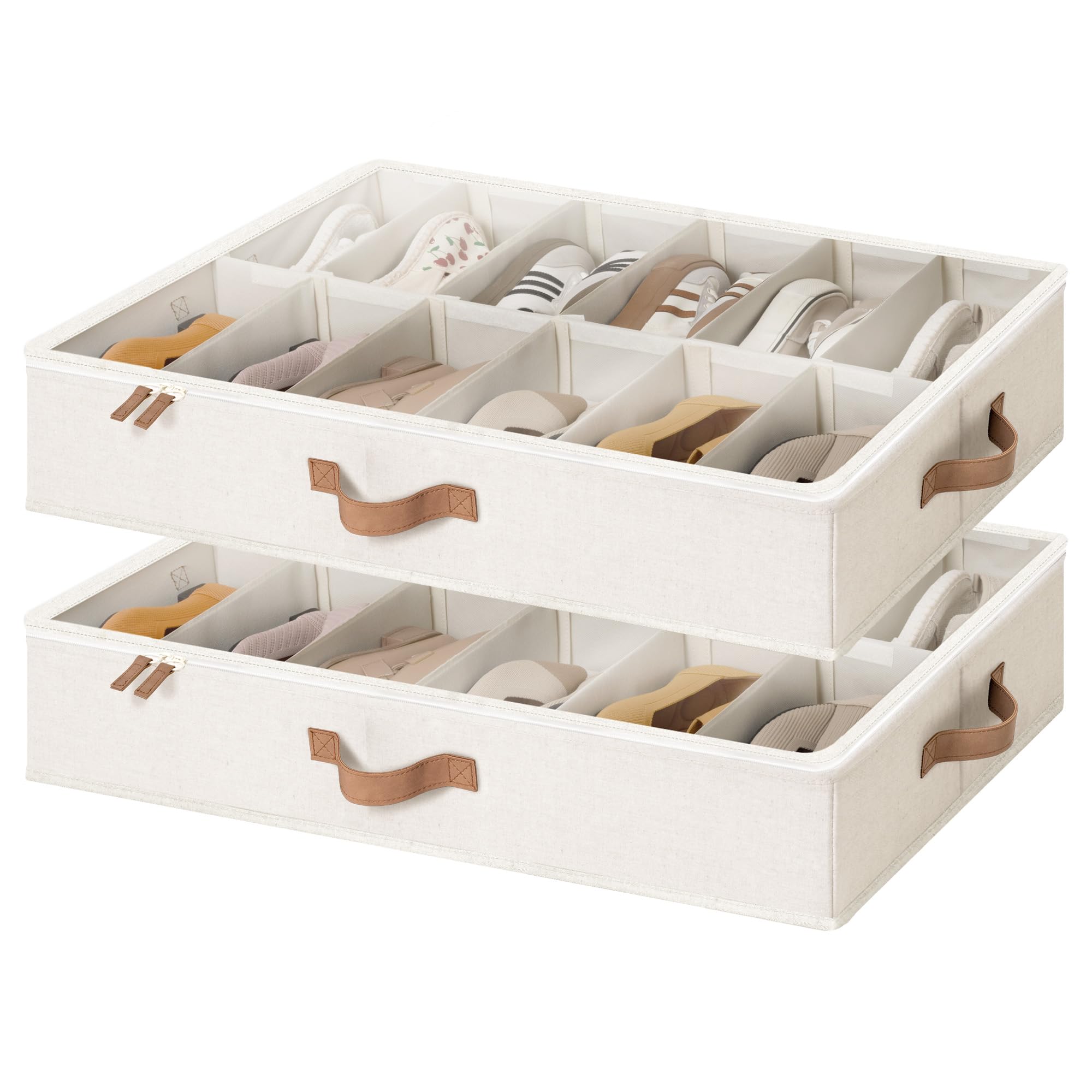 StorageWorks Shoe Organizer for Closet, Fits up to 24 Pairs, 2-Pack Ultra-thick Fabric Under Bed Shoe Storage Containers with Bottom Support and Adjustable Dividers, Beige