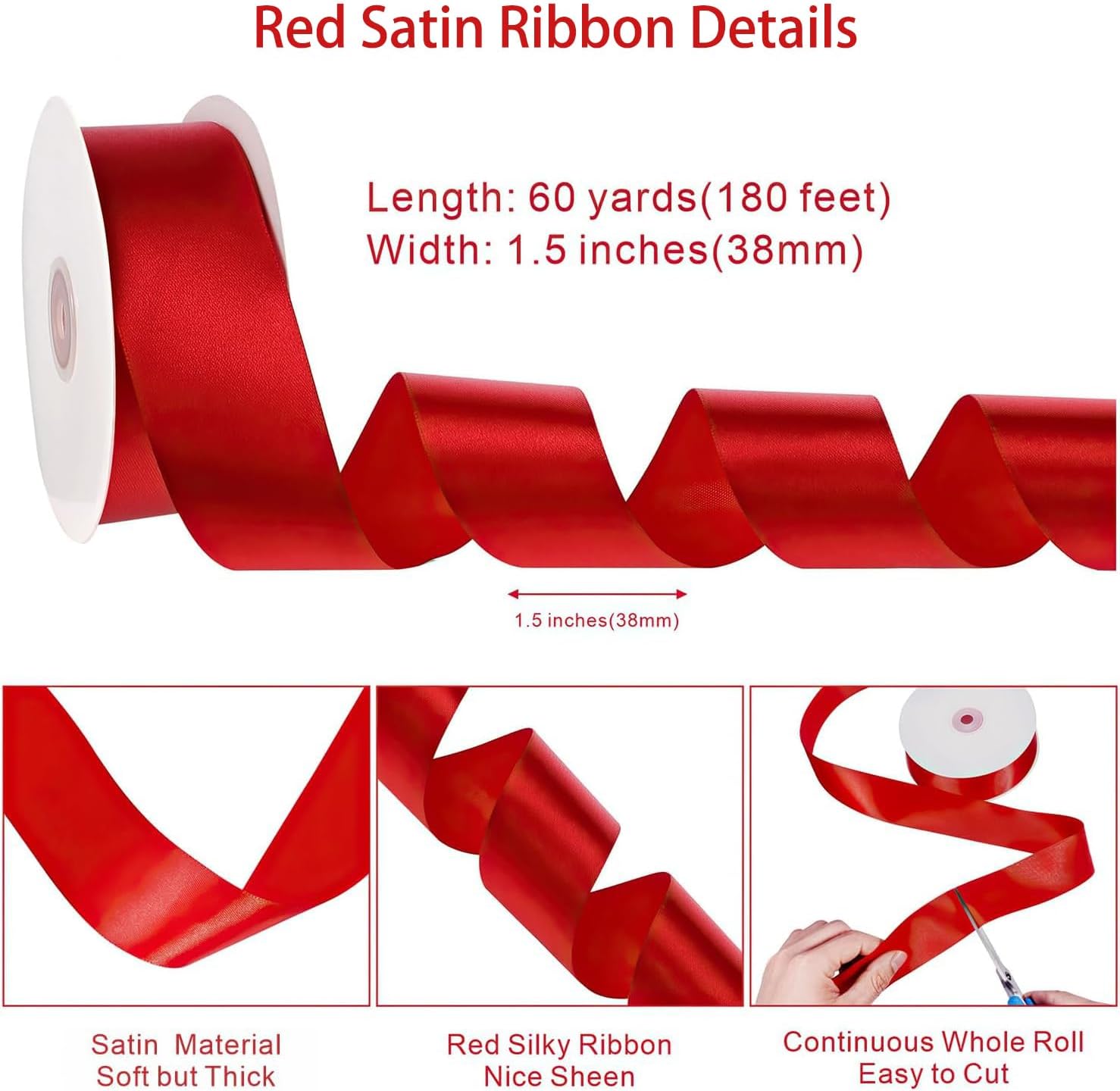 Red Ribbon 1 1/2 Inch 60 Yards Red Satin Ribbons for Easter Basket Decorations Gift Wrapping Handmade Roses Wall Dorm Decor Bows Crafts Flower Bouquet Wedding Party - Image 2