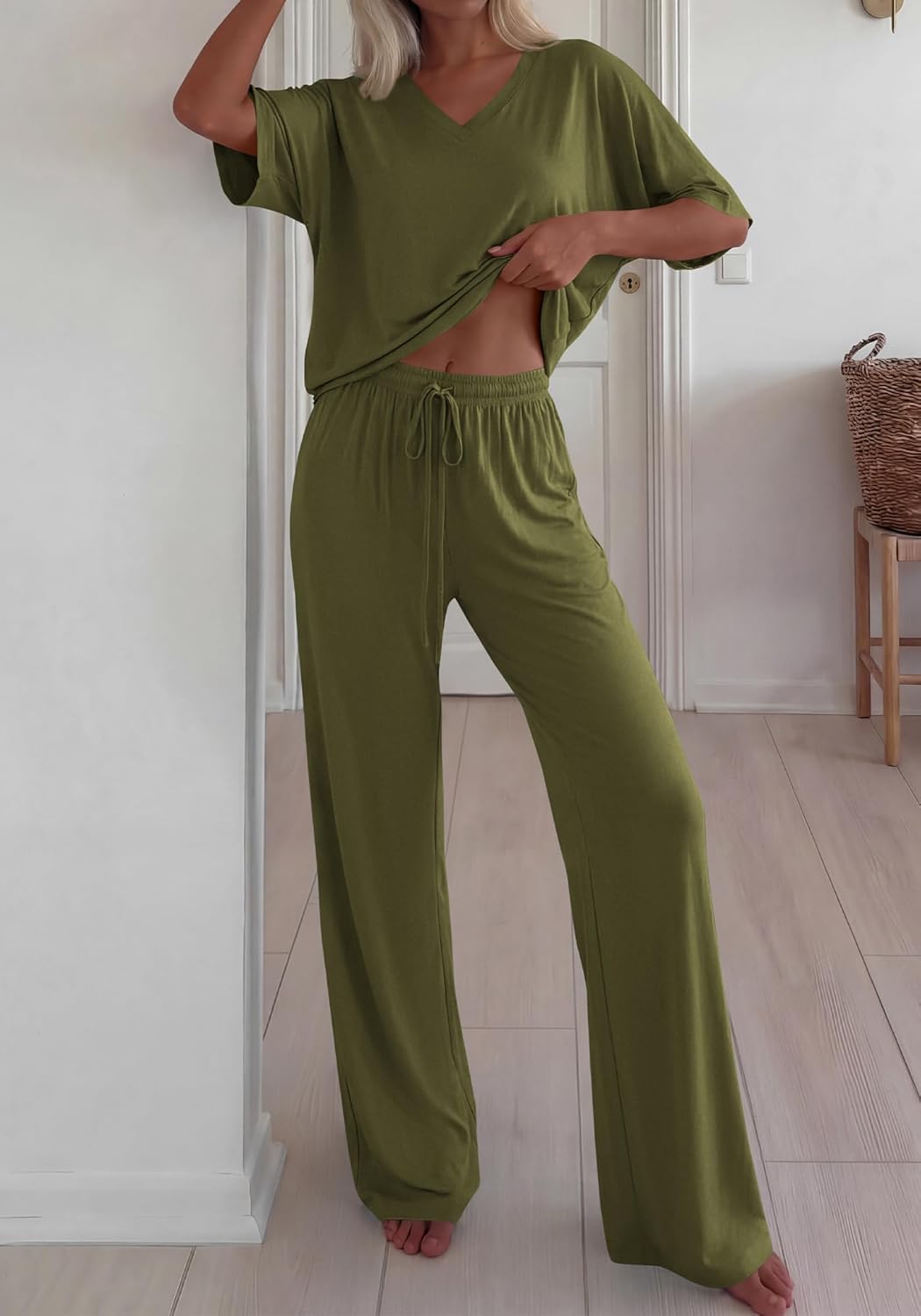 BTFBM 2 Piece Sets for Women Summer V Neck Short Sleeve Lounge Set Wide Leg Pants Matching Set Airport Travel Outfits - Image 2