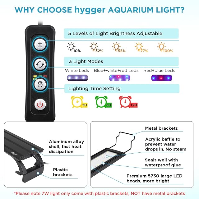Foto 2 de 6 de hygger Regulable Lampara LED Acuario con Temporizador, Luz LED con Soporte Ajustable(14W, 41-61cm)