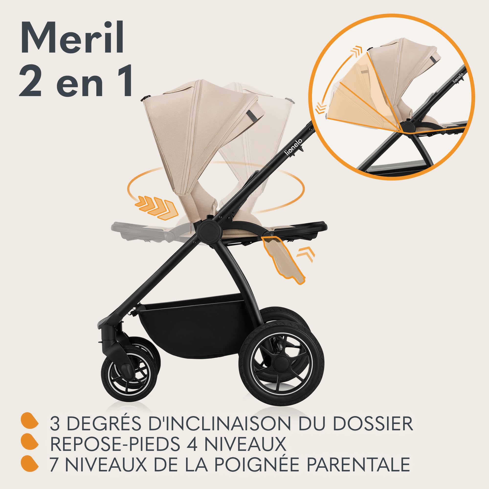 LIONELO MERIL 2 en 1 Poussette Bébé 0 à 48 Mois Jusqu'à 22 kg, Nacelle XXL Jusqu'à 9 kg, Grandes Roues Tout-terrain 360 °, Siège Inclinable Position Allongée Amortissement Complet Auvent XXL (Beige)