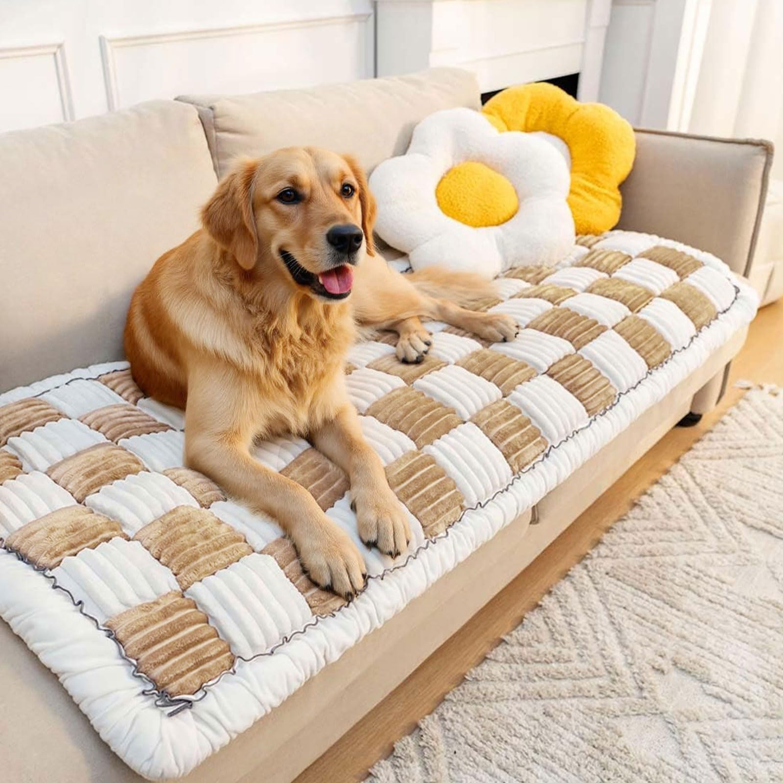 Thicken Plaid Sofa Cover 1 2 3 Seater, Universal Flannel Super Soft Non-Slip Corner Couch Cover L Shape Versatile Pet Bed Mat Chair Pads Sofa Slipcovers for Living Room Garden (Light Coffee, 70*210cm)