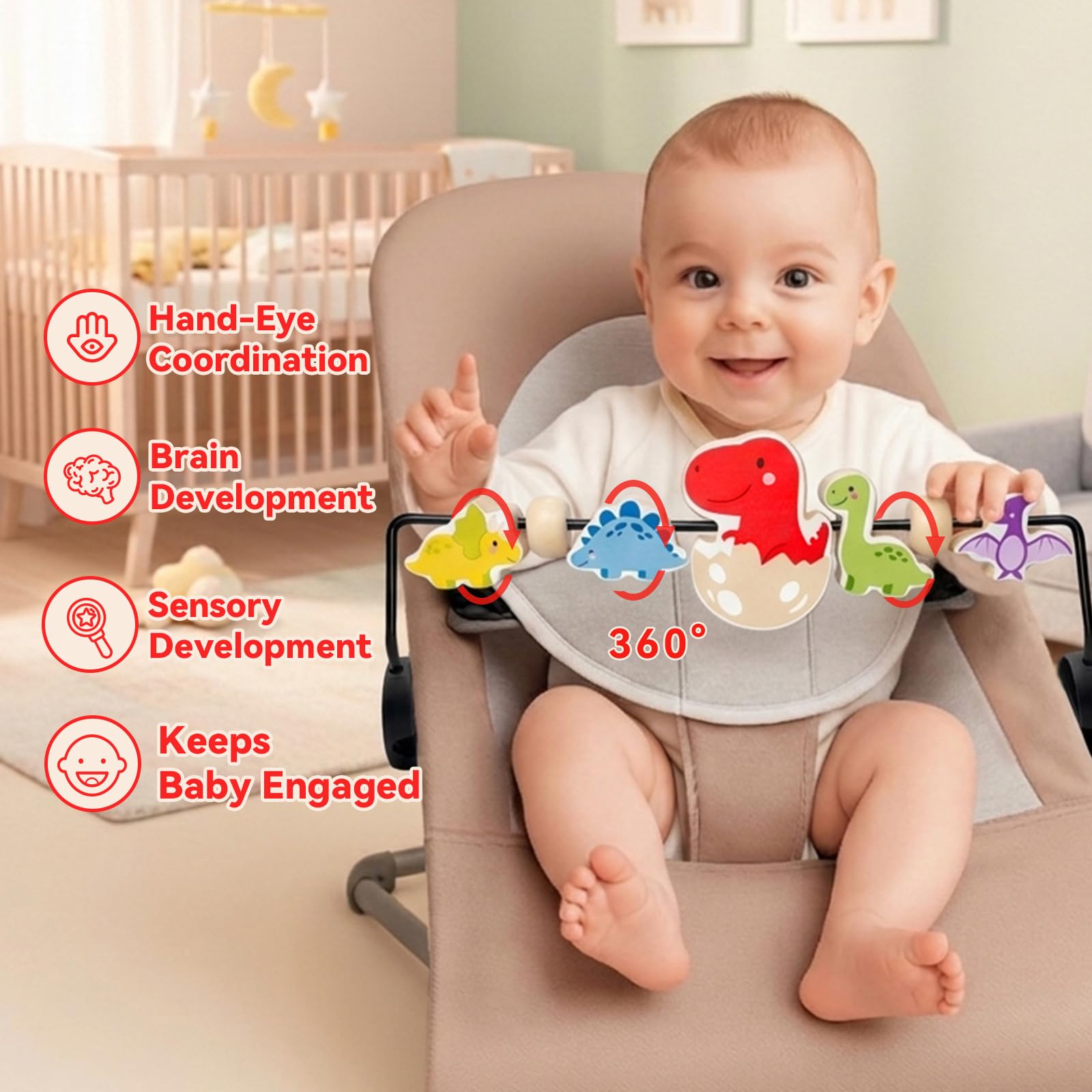 Spielzeug für Babywippe, Kompatibel mit BabyBjorn Wippe Balance Soft & Bliss, Drehbarer Holz Spielbogen für Babys, Sensorisches Entwicklungsspielzeug (Farbige Dinosaurier)