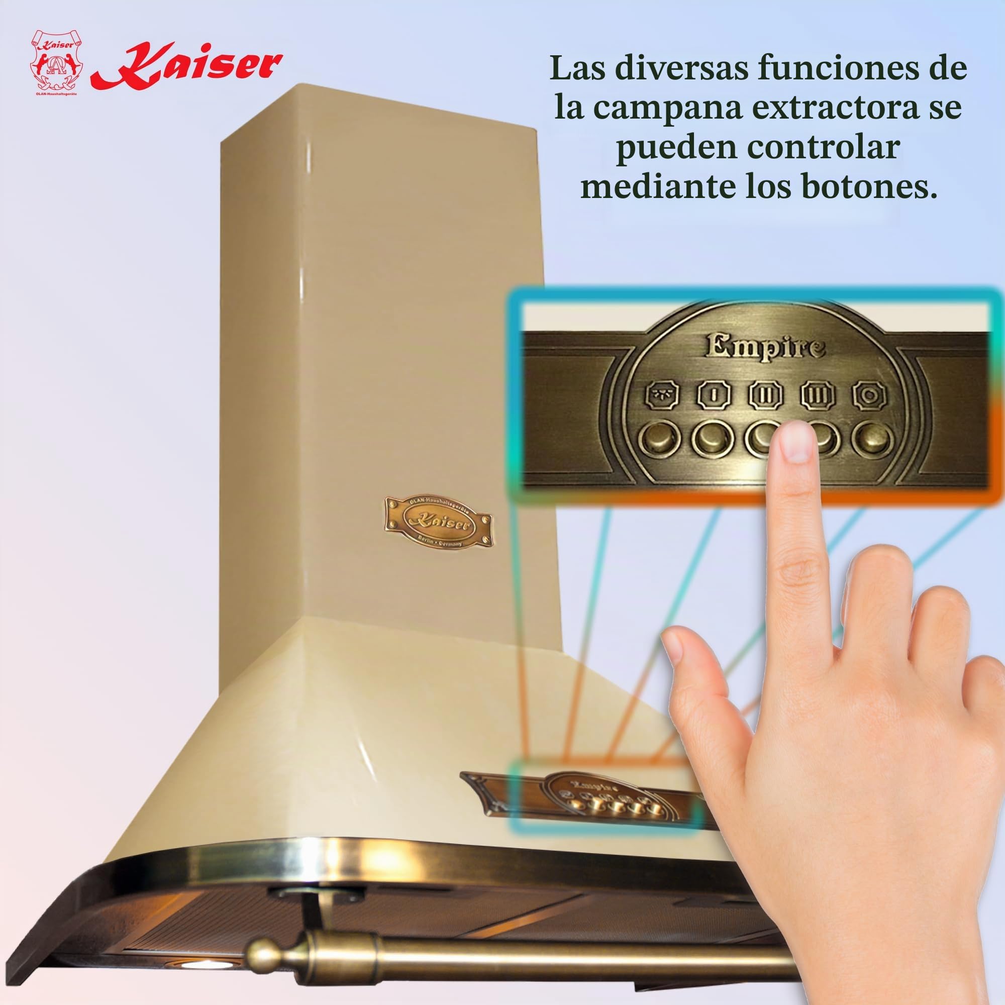 Kaiser Empire Campana Extractora 60 cm 910 m³/h 3 Velocidades Evacuación al Exterior y Recirculación Interna por Filtro de Carbón