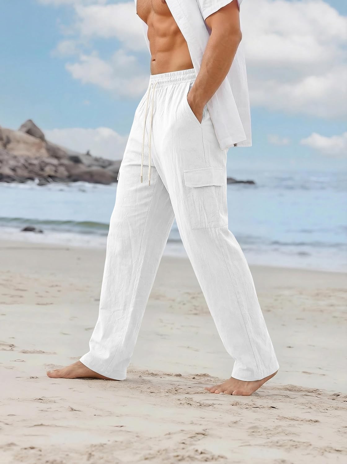 Men's Linen Pants Casual Cargo Pants with Pockets Lightweight Elastic Waist Drawstring Pants Baggy Beach Pants - Image 3