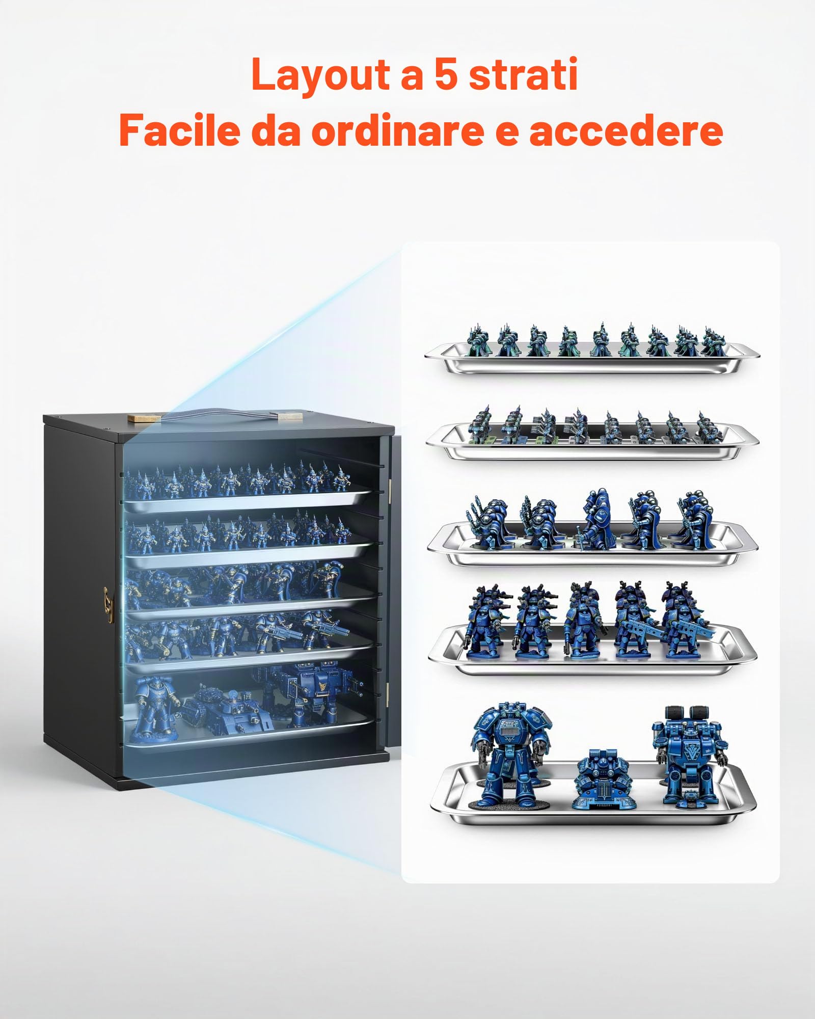 VEVOR Custodia Porta Miniature per Warhammer 40K, Adatta per Modelli in Scala 2500-3500, Espositore in Legno con 5 Vassoi, Custodia con Vista Trasparente per Collezione (Miniature Non Incluse)