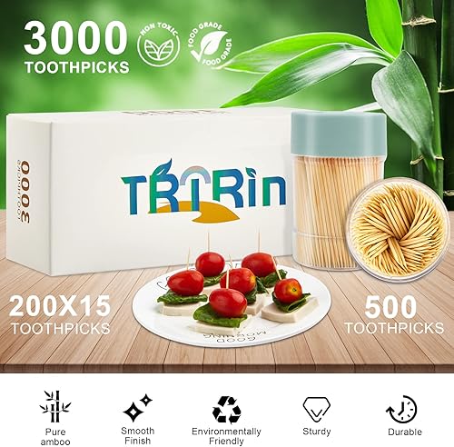 Miniatura 8 de 3000 palillos de dientes de bambú 100% natural, con 1 soporte reutilizable, palillos de dientes resistentes y suaves para fiestas, aperitivos,