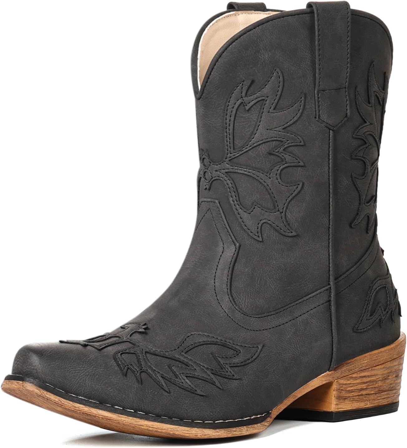 IXU Cowboy Boots for Women Ankle Cowgirl Boots with Embroidered Wide Fashion Low Chunky Heel Snip Toe Western Booties