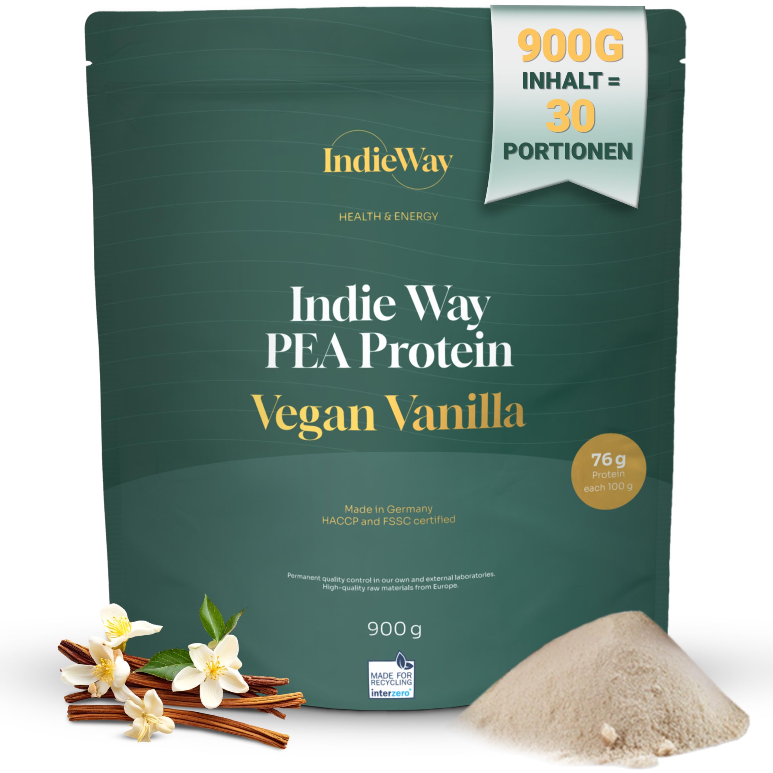 Erbsenprotein Vanilla 900 g - Veganes Protein-Pulver mit Vanille-Geschmack - 76 g Eiweiß auf 100 g - Eiweißpulver für Proteinshakes