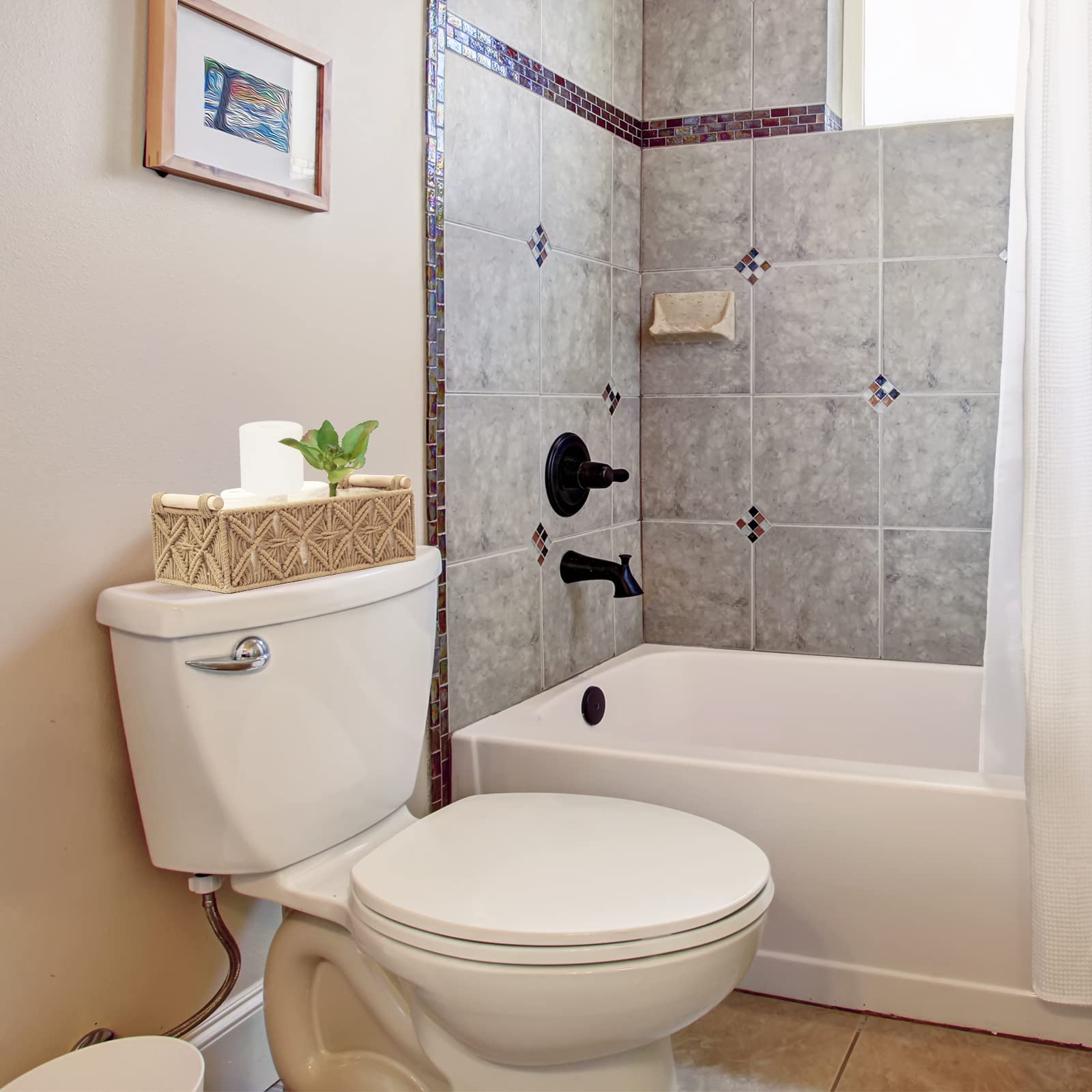 Cesta de almacenamiento de macramé, estilo boho, para organizar, tejidas, para papel higiénico y cisterna de inodoro, decoración del hogar con asa, para baño y cuarto infantil, set de 2