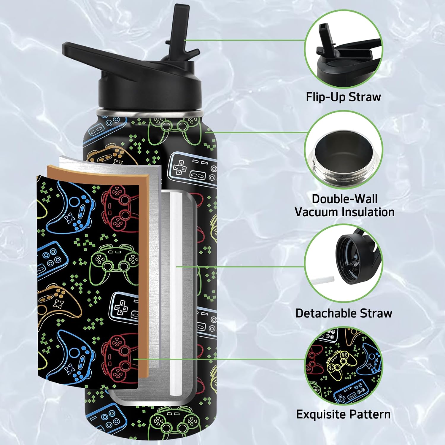 Gaming Water Bottles with Straw, 32 Ounces Insulated Stainless Steel Tumbler Cup Mug Gamer Gifts for Women Girls Game Lovers image 5