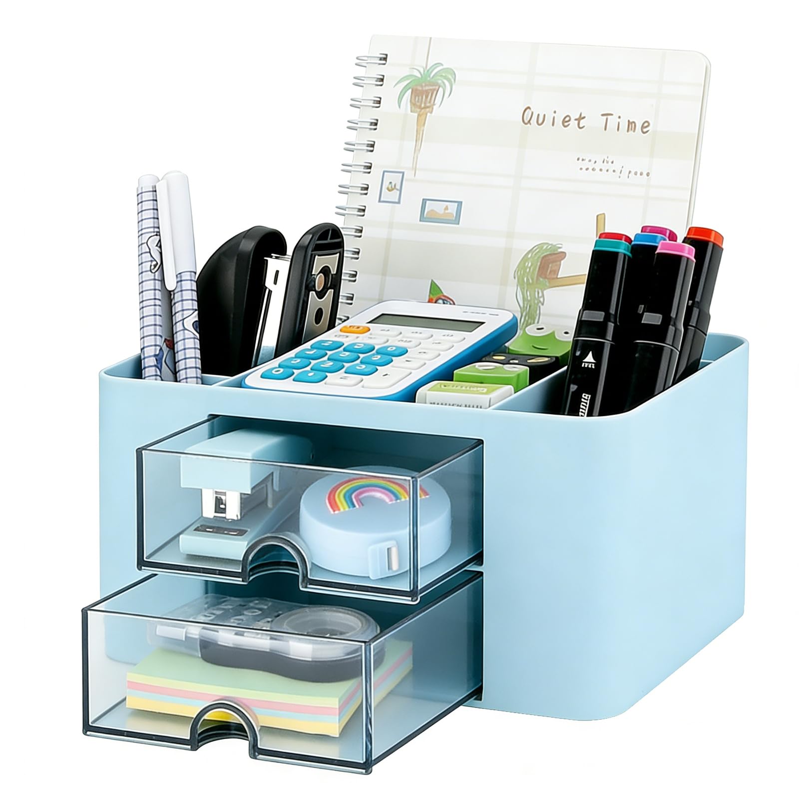 Lepat Desk Organiser with 2 Drawers, Plastic Table Tidy Organiser with Pen Holder, 7 Grids Desktop Organizer Stationery Storage Box for School Office Home Makeup Desk Supplies (Blue)